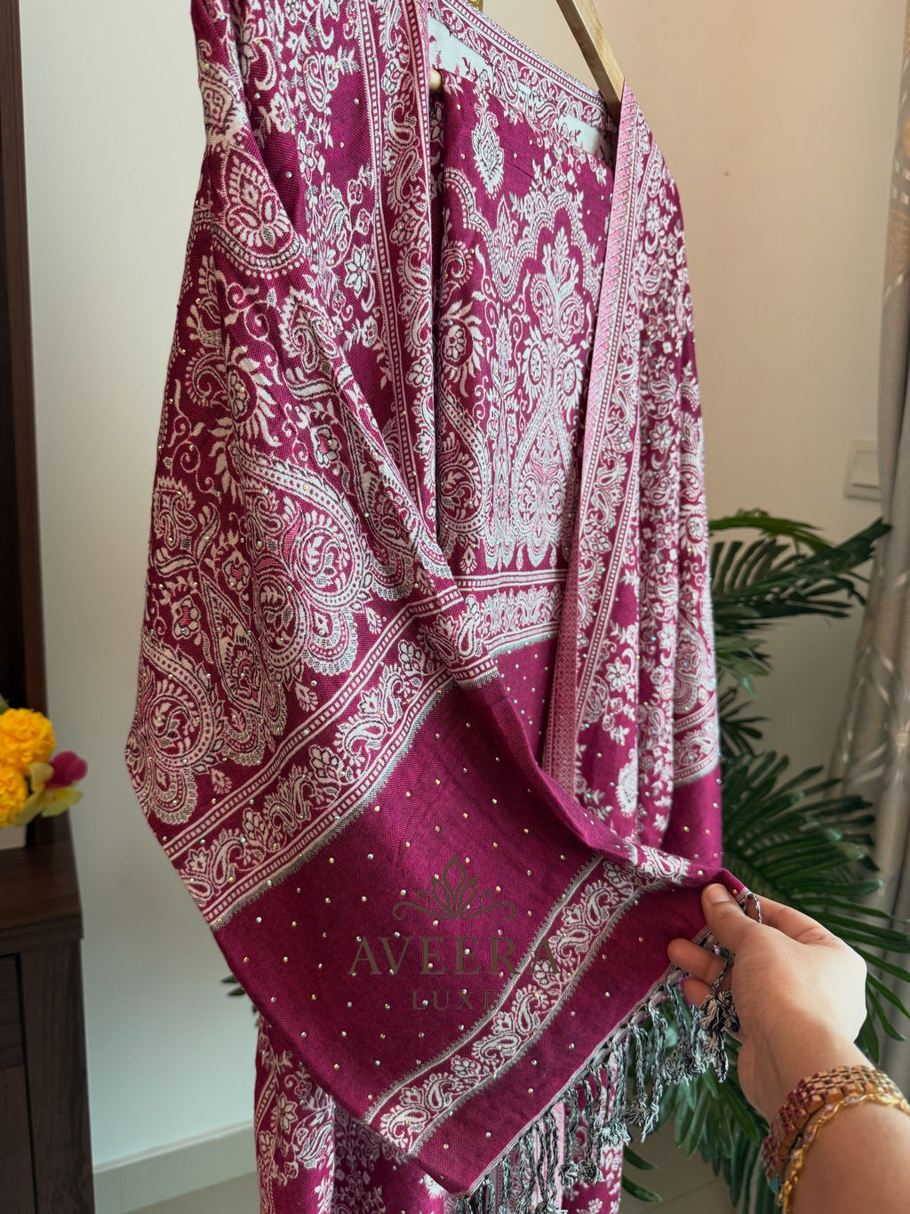 EID ARRIVALS - Pashmina Abaya with Stonework & Shawl (Maroon/Dark Purple)