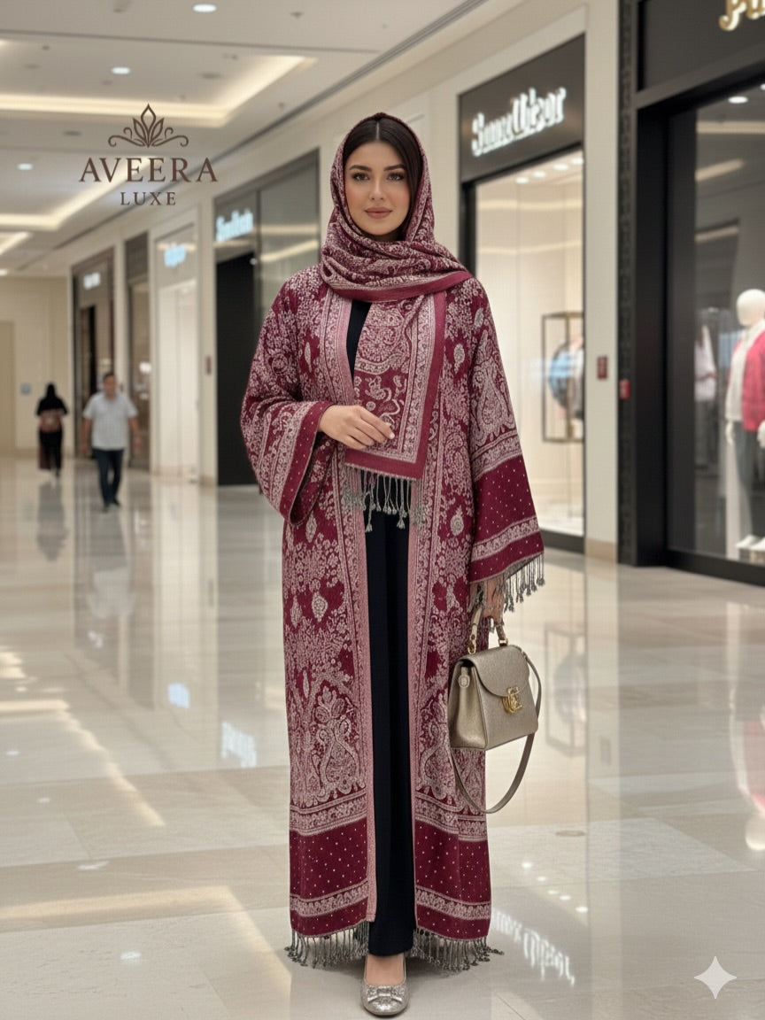 EID ARRIVALS - Pashmina Abaya with Stonework & Shawl (Maroon/Dark Purple)