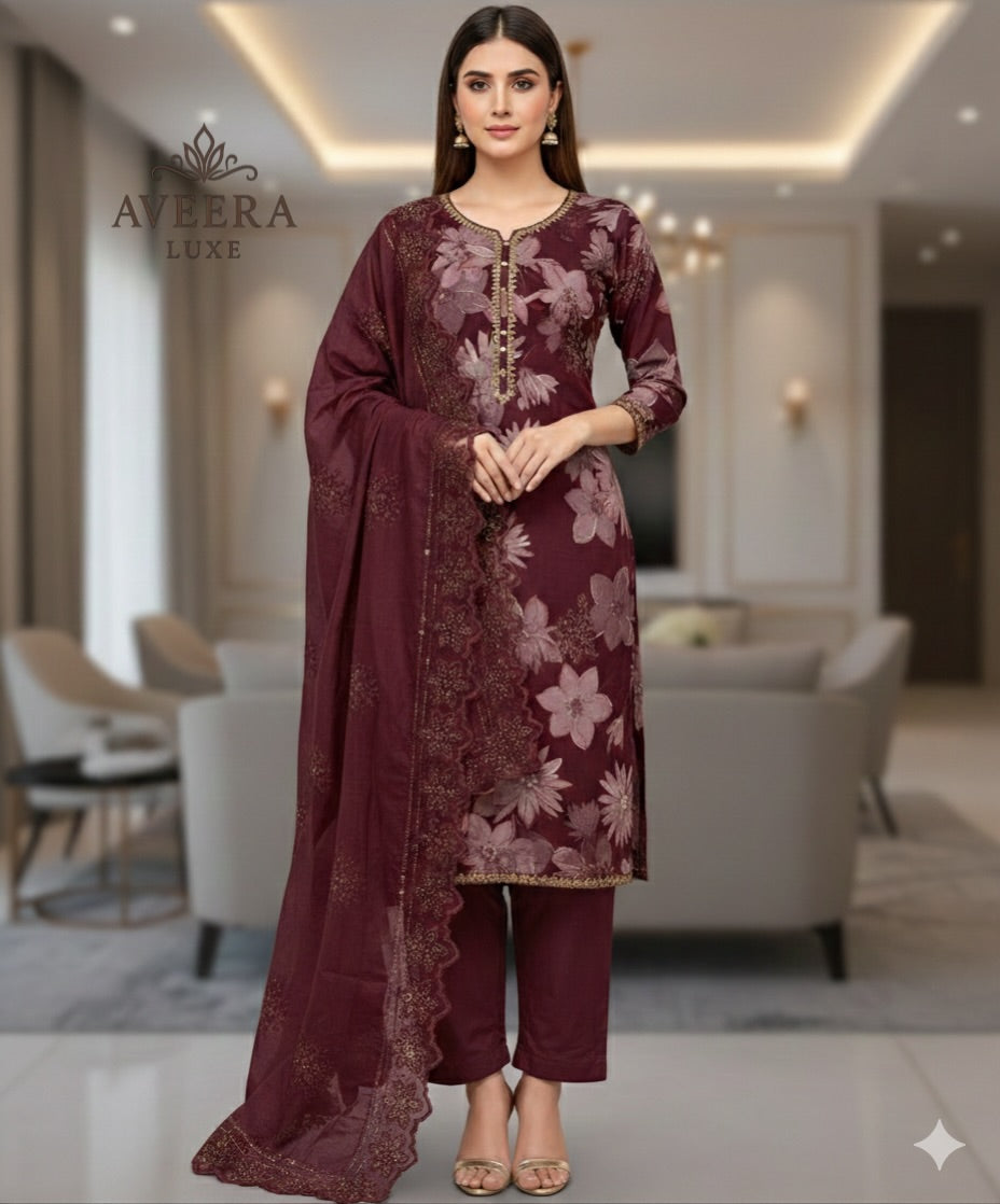 EID ARRIVALS - Unstitched Cotton Shalwar Suit with Embroidery & Stonework