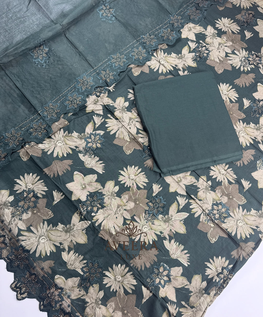 EID ARRIVALS - Unstitched Cotton Shalwar Suit with Embroidery & Stonework