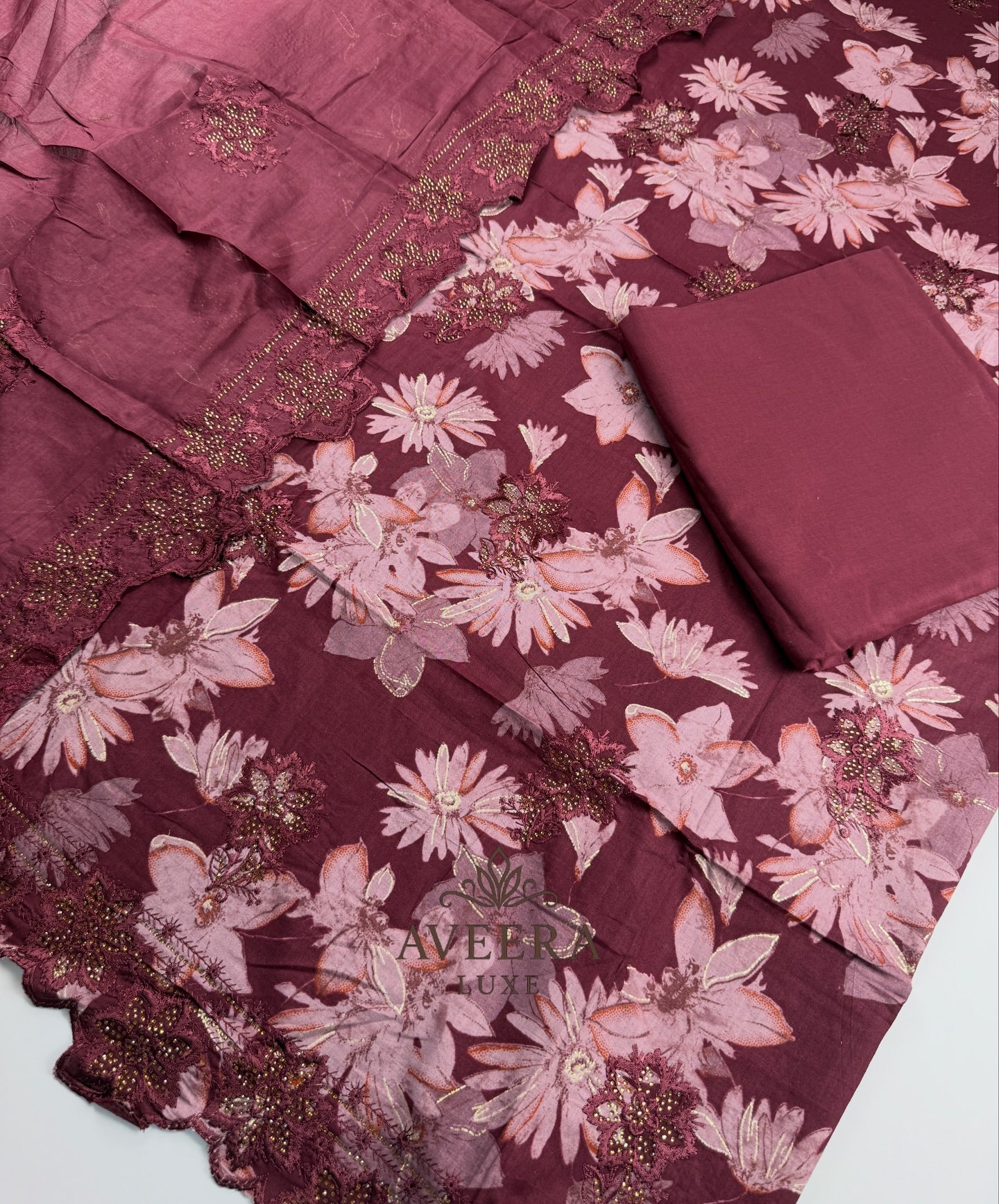 EID ARRIVALS - Unstitched Cotton Shalwar Suit with Embroidery & Stonework