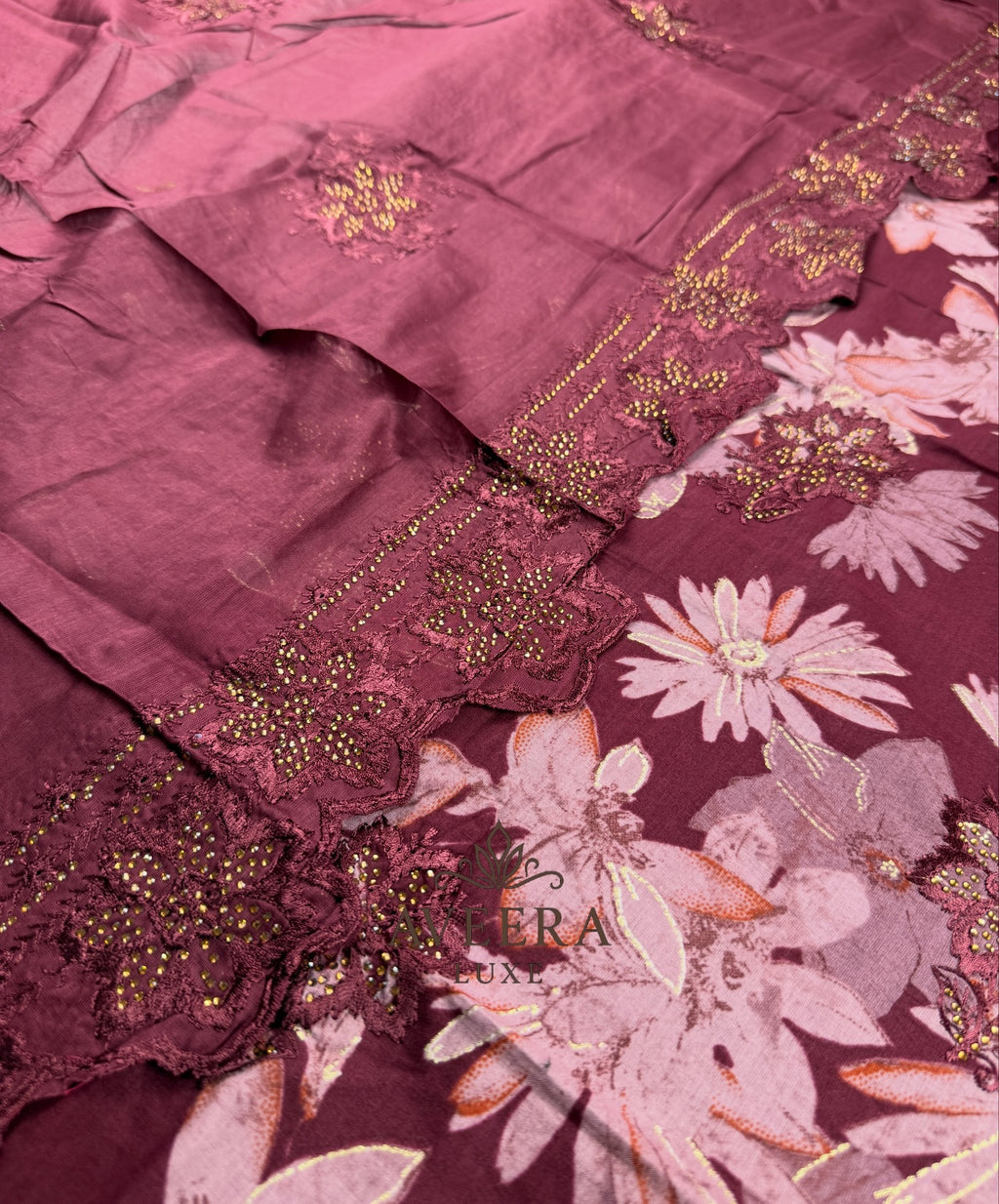 EID ARRIVALS - Unstitched Cotton Shalwar Suit with Embroidery & Stonework
