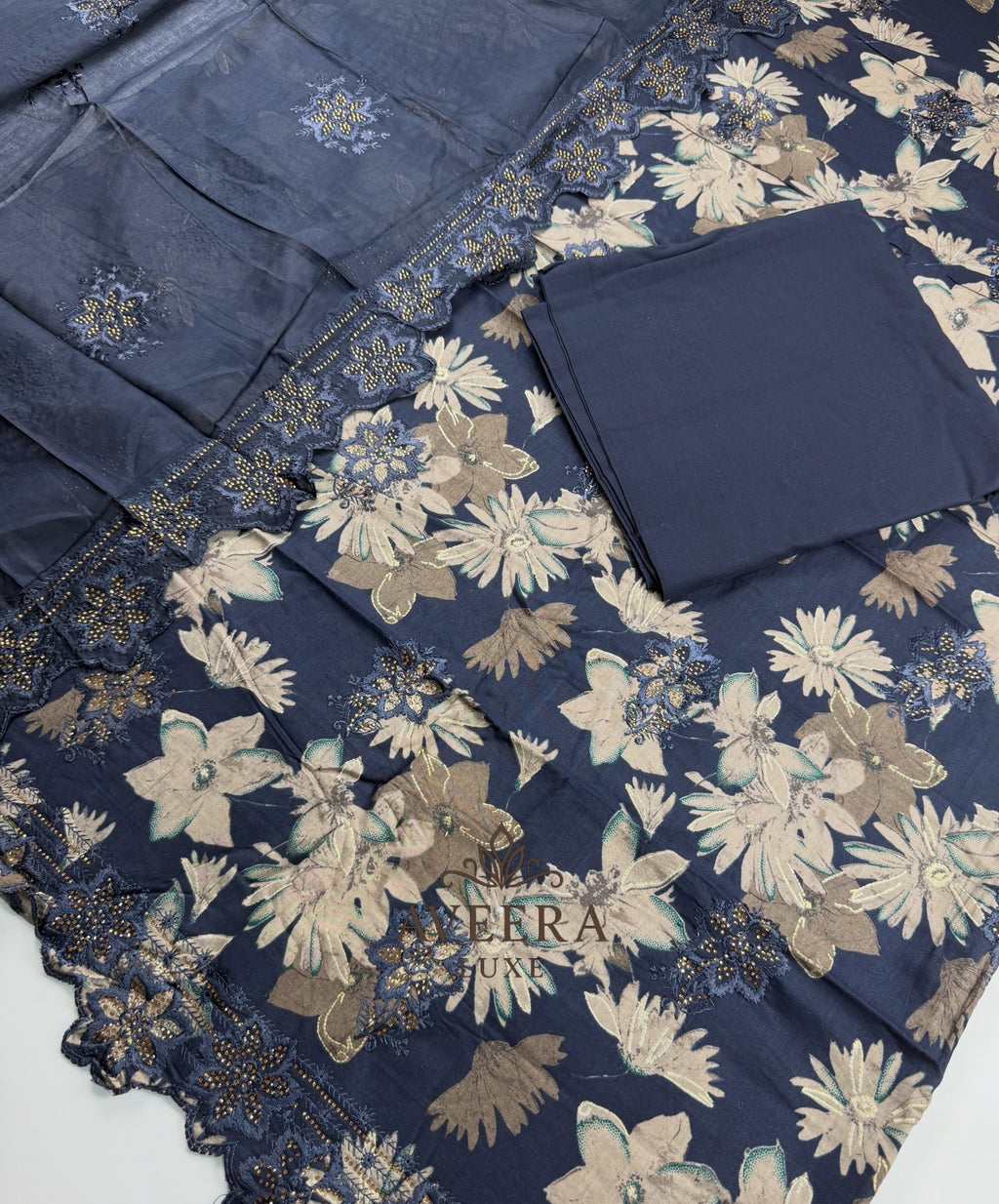 EID ARRIVALS - Unstitched Cotton Shalwar Suit with Embroidery & Stonework