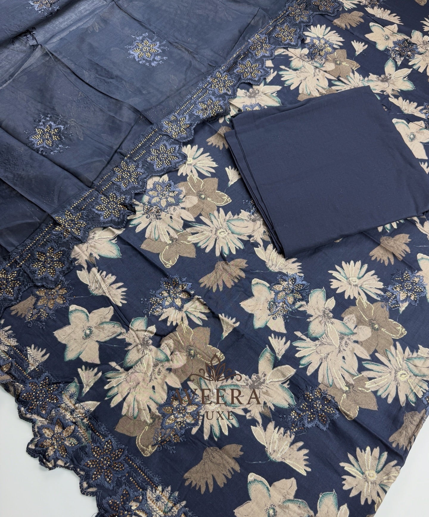 EID ARRIVALS - Unstitched Cotton Shalwar Suit with Embroidery & Stonework