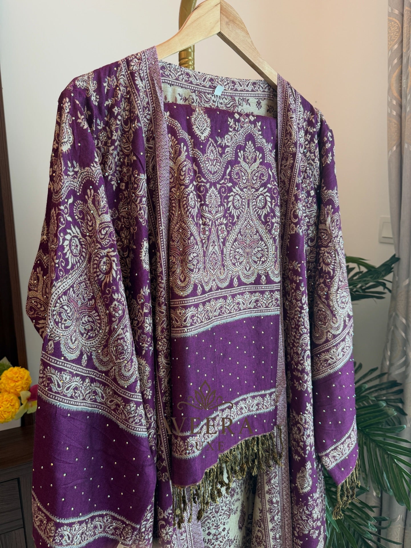 EID ARRIVALS - Pashmina Abaya with Stonework & Shawl (Maroon/Dark Purple)