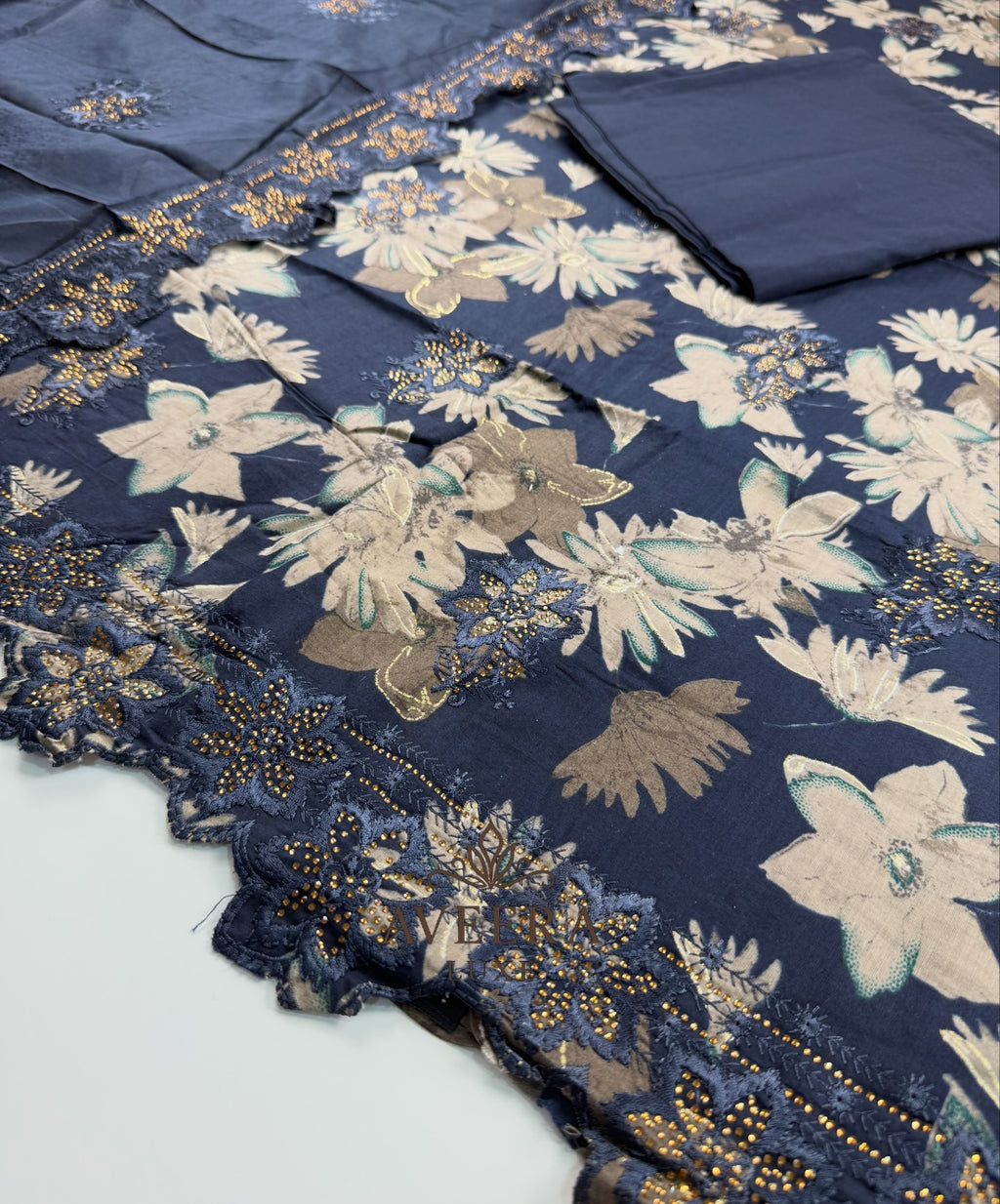 EID ARRIVALS - Unstitched Cotton Shalwar Suit with Embroidery & Stonework