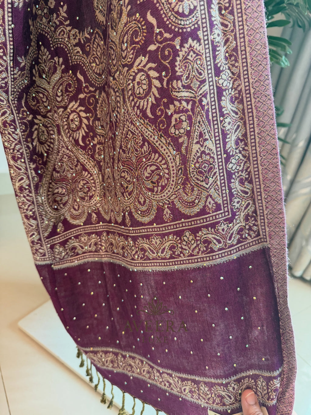 EID ARRIVALS - Pashmina Abaya with Stonework & Shawl (Maroon/Dark Purple)