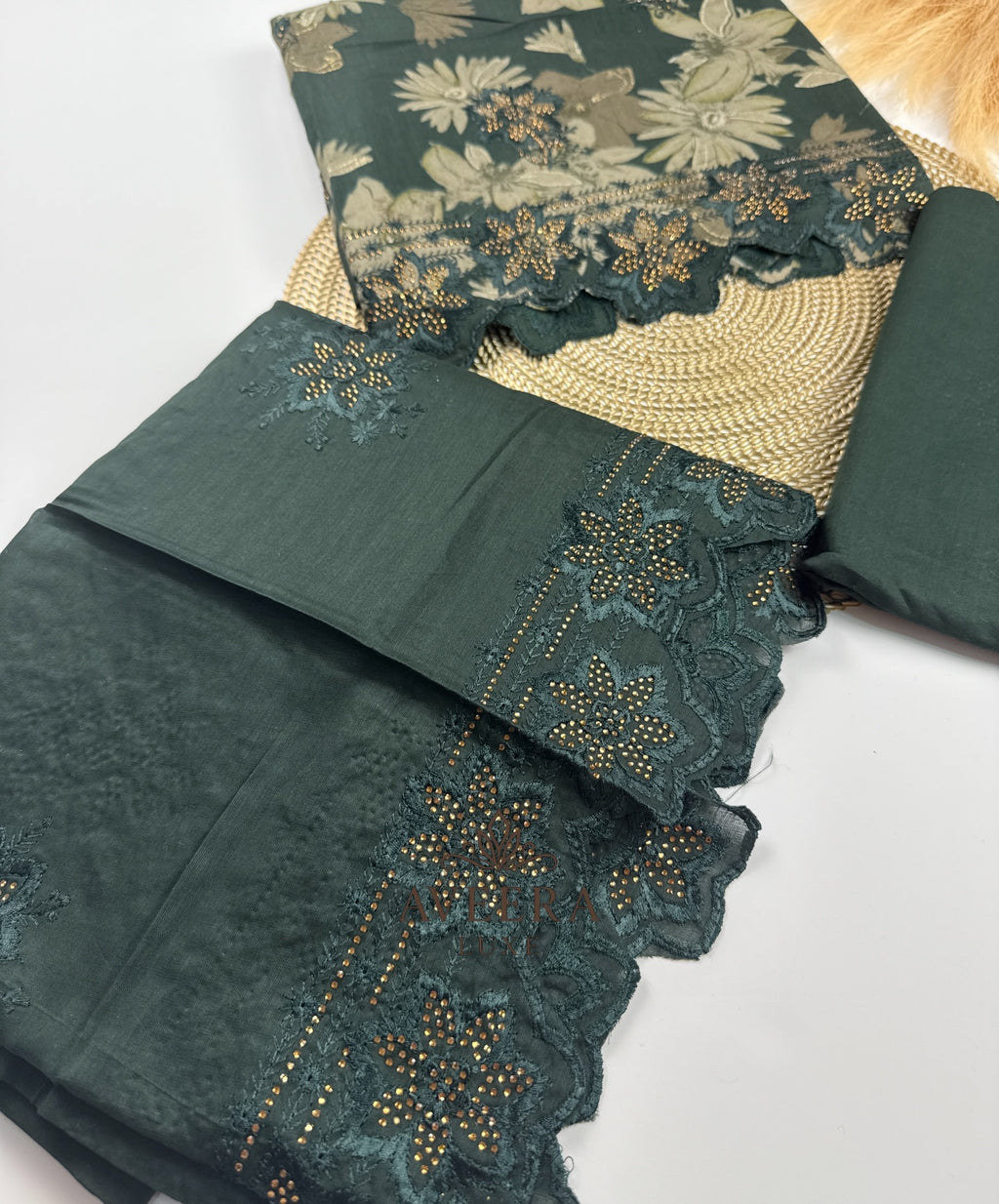 EID ARRIVALS - Unstitched Cotton Shalwar Suit with Embroidery & Stonework