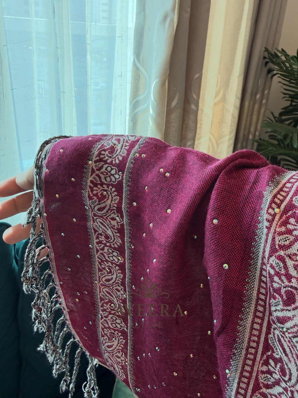 EID ARRIVALS - Pashmina Abaya with Stonework & Shawl (Maroon/Dark Purple)