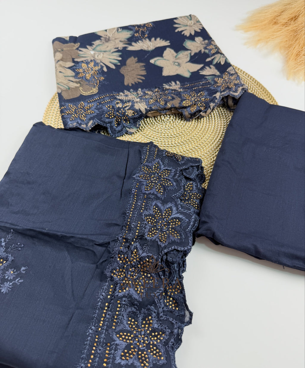 EID ARRIVALS - Unstitched Cotton Shalwar Suit with Embroidery & Stonework