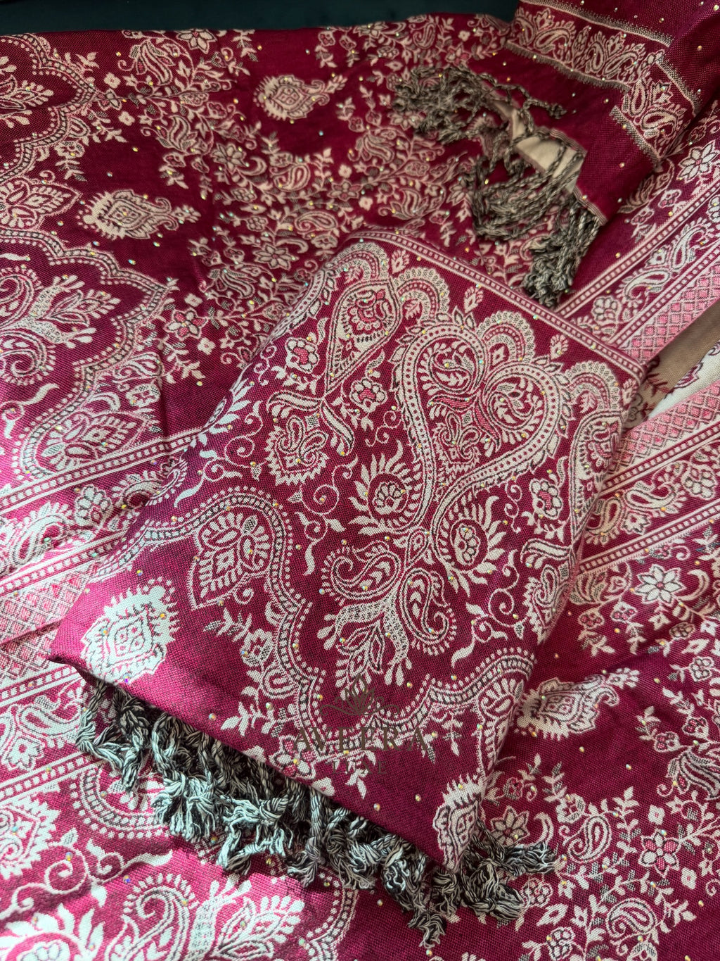 EID ARRIVALS - Pashmina Abaya with Stonework & Shawl (Maroon/Dark Purple)