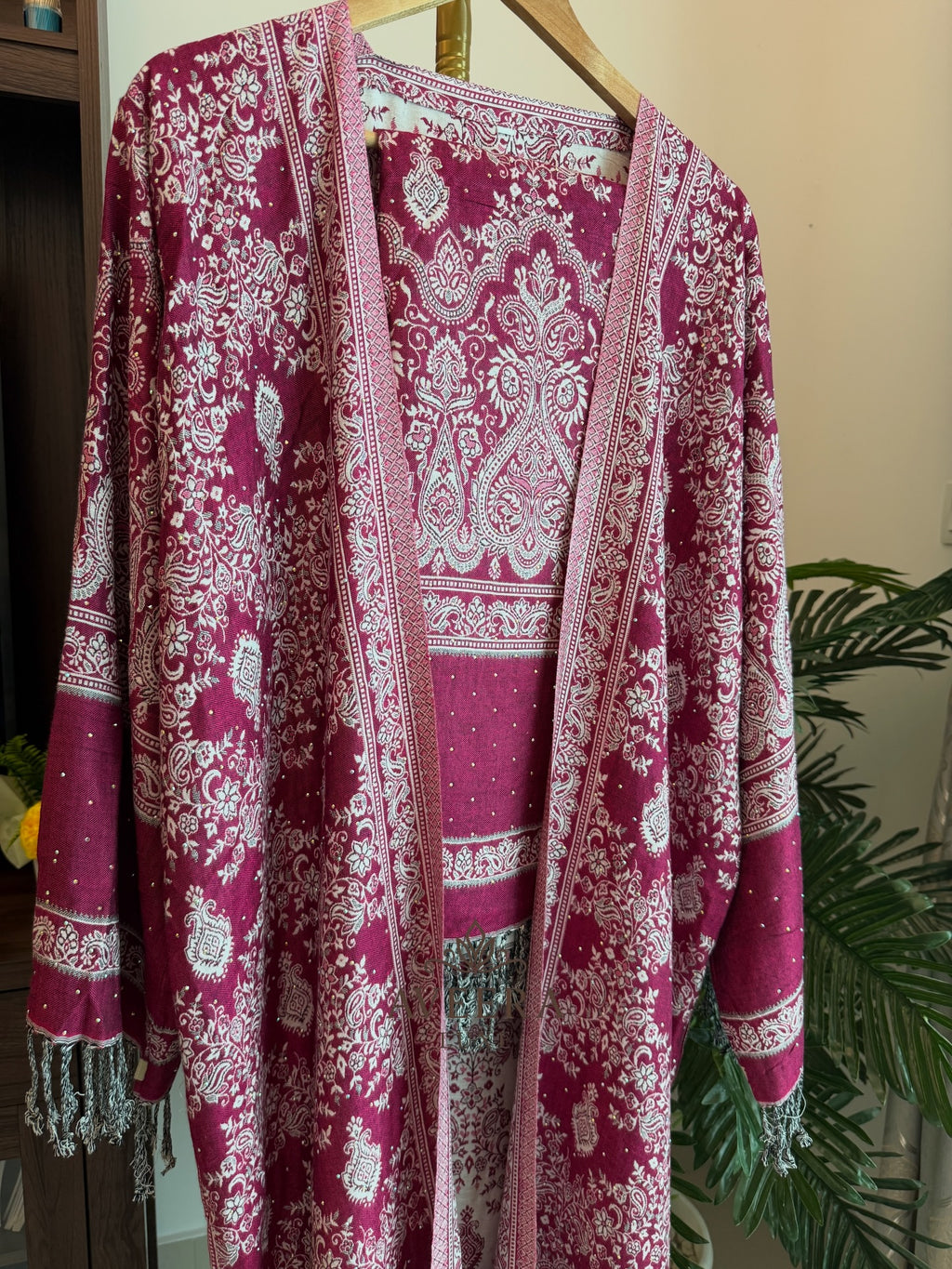 EID ARRIVALS - Pashmina Abaya with Stonework & Shawl (Maroon/Dark Purple)