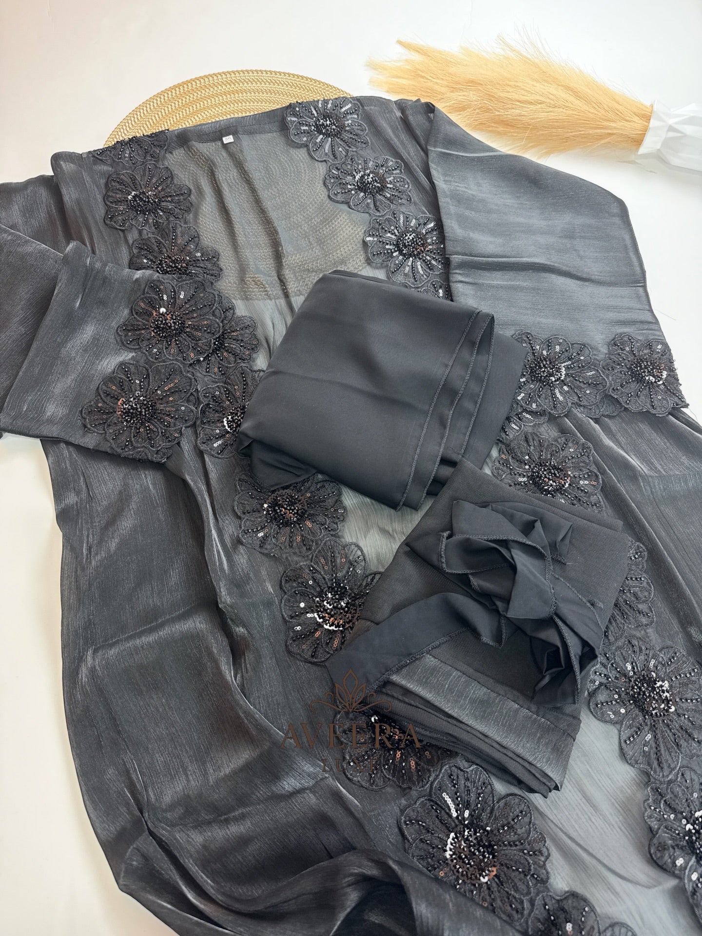 Premium Organza Coat Abaya with 3D Floral Embroidery