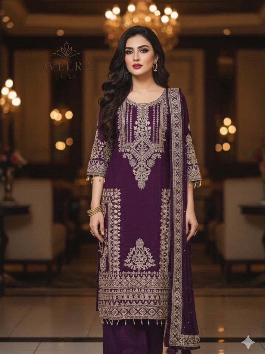 Deep Wine Purple Heavy Embroidered Shalwar Suit - Royal Party Wear