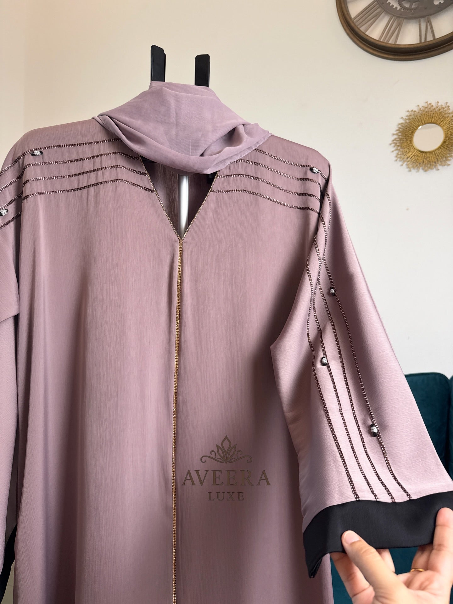 EID ARRIVALS - Dubai Abaya with Gold Stone Embellishments & Thread Detailing