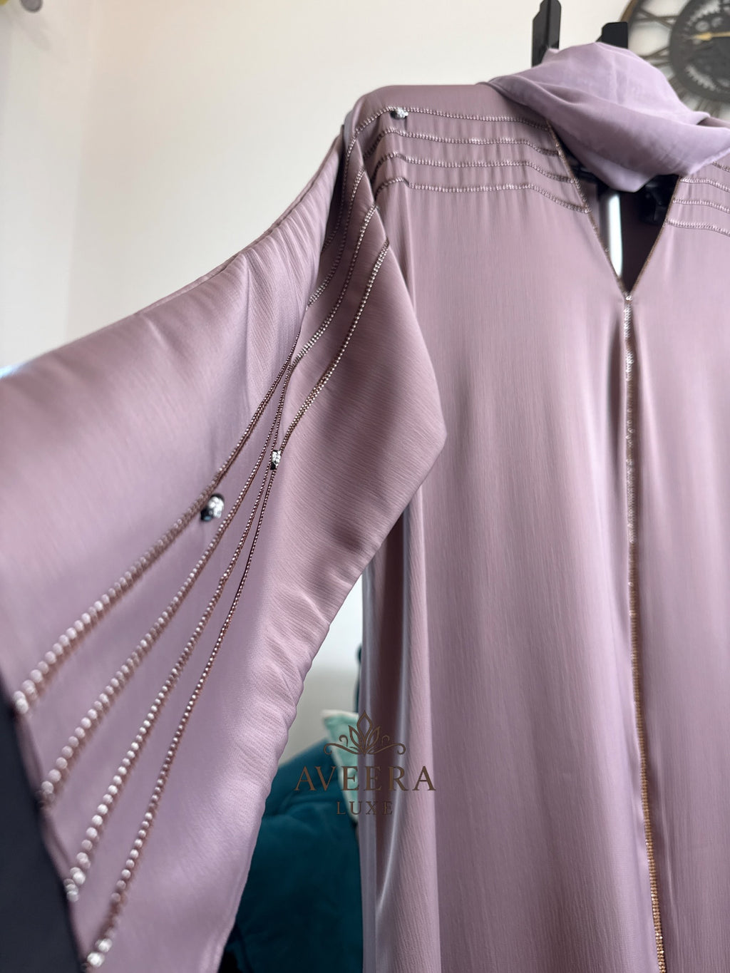 EID ARRIVALS - Dubai Abaya with Gold Stone Embellishments & Thread Detailing