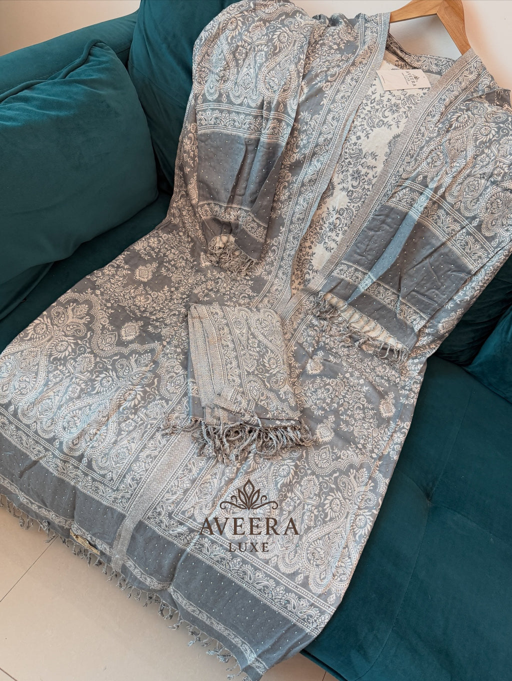 EID ARRIVALS - Pashmina Abaya with Stonework & Shawl (Grey)