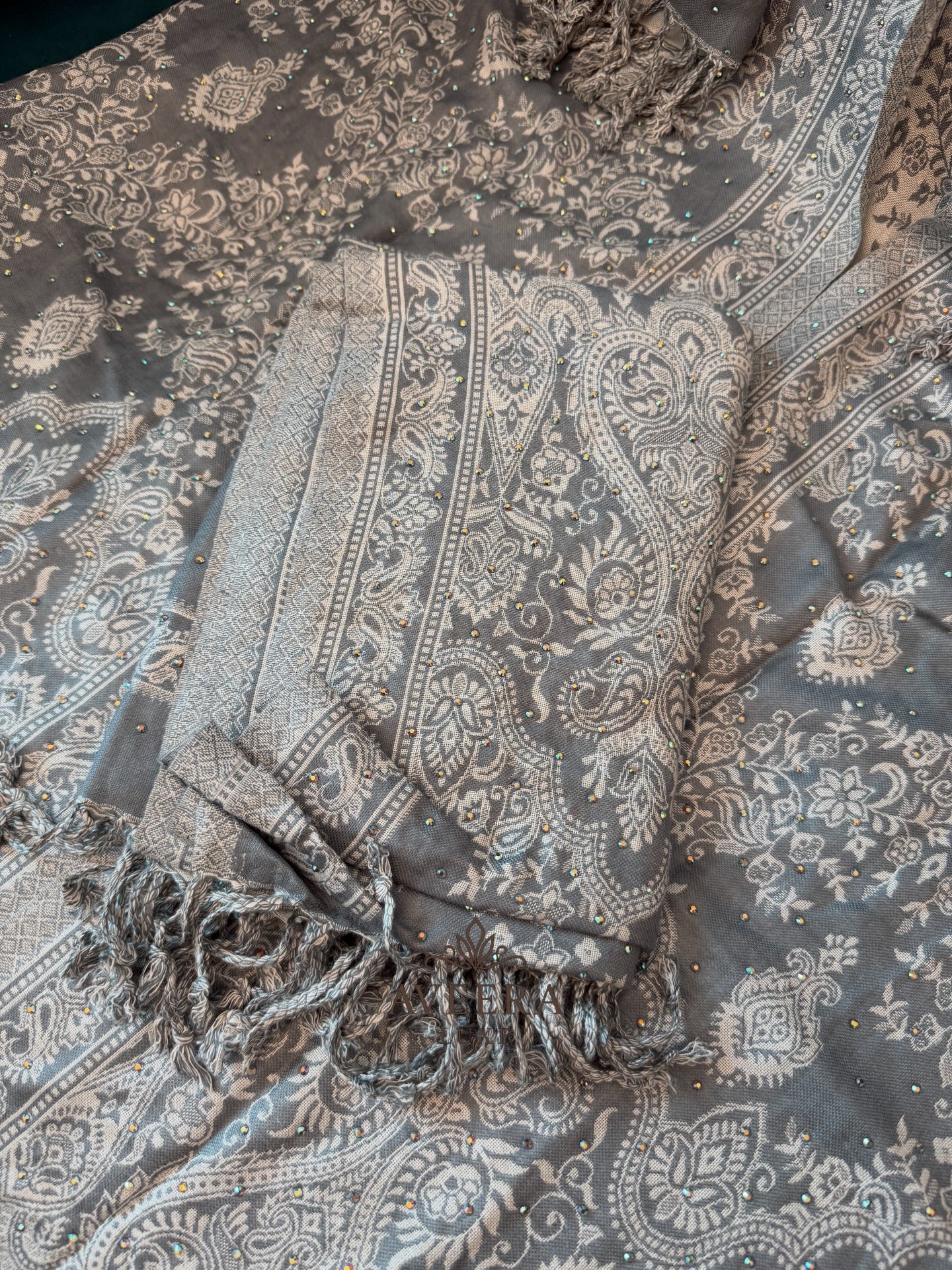 EID ARRIVALS - Pashmina Abaya with Stonework & Shawl (Grey)