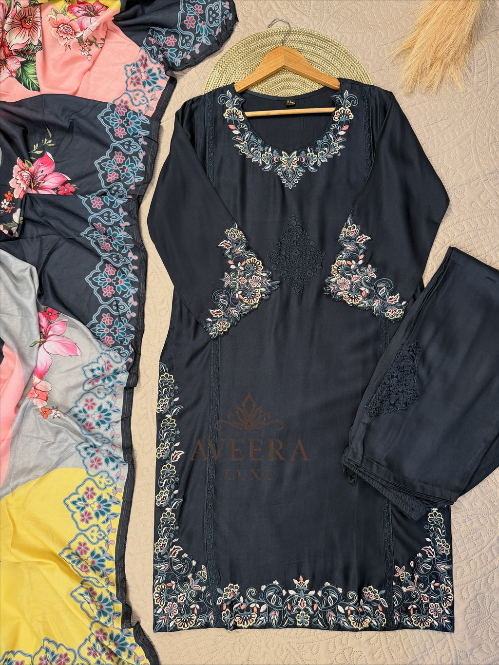 Elegantly Embroidered Rayon Pakistani Ready-to-Wear 3-Piece Suit with Printed Dupatta