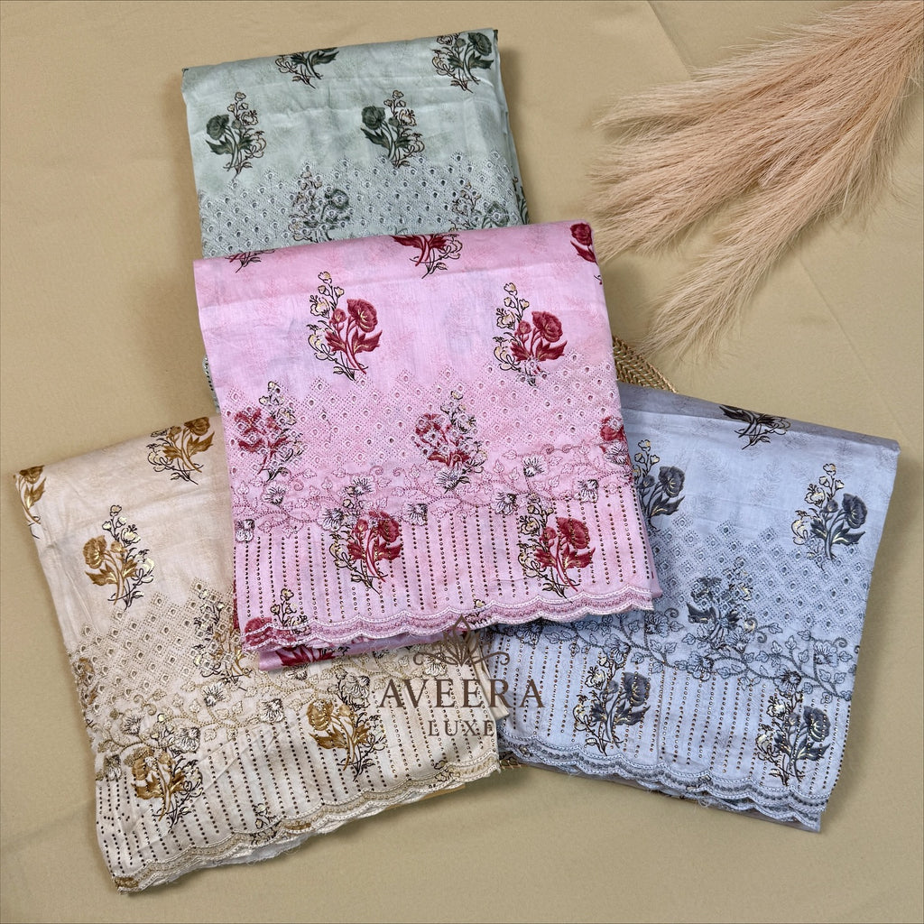 Printed Rayon Cotton Border Cutwork & Embroidery Unstitched 3-Piece Suit