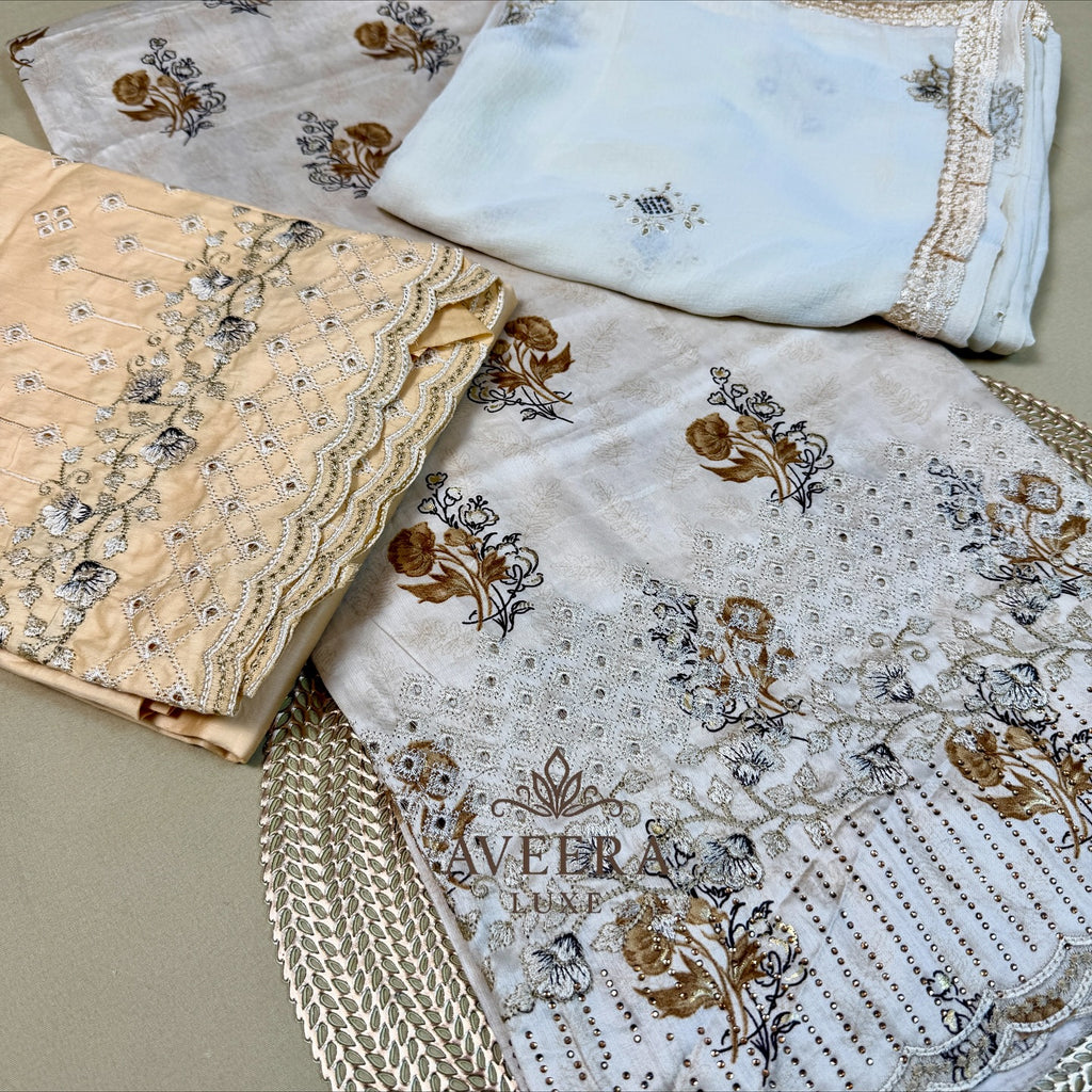 Printed Rayon Cotton Border Cutwork & Embroidery Unstitched 3-Piece Suit