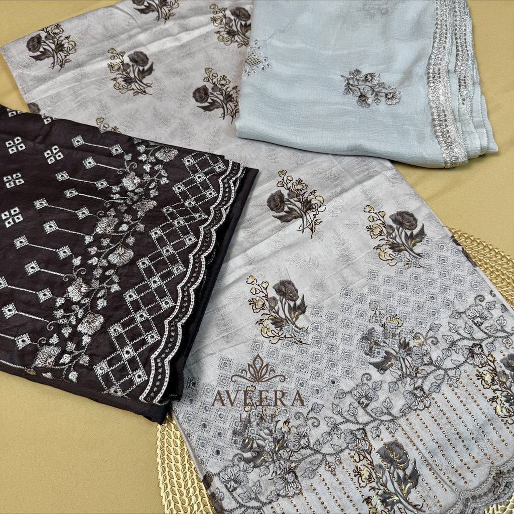 Printed Rayon Cotton Border Cutwork & Embroidery Unstitched 3-Piece Suit