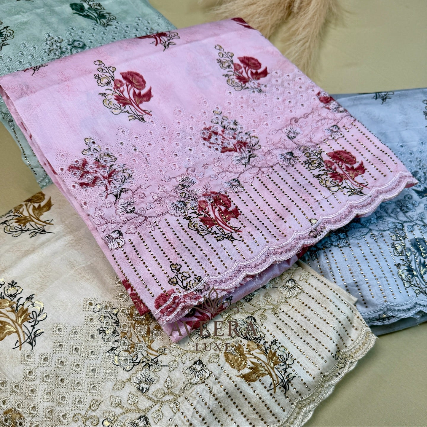 Printed Rayon Cotton Border Cutwork & Embroidery Unstitched 3-Piece Suit