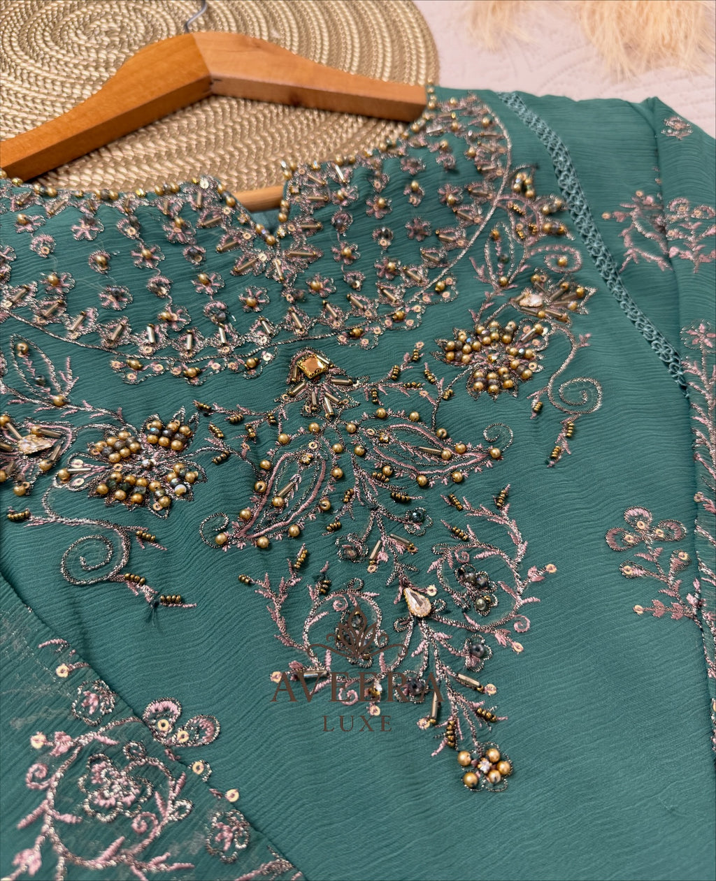 Gold Embroidered Green Chiffon Pakistani Party Wear 3-Piece Suit