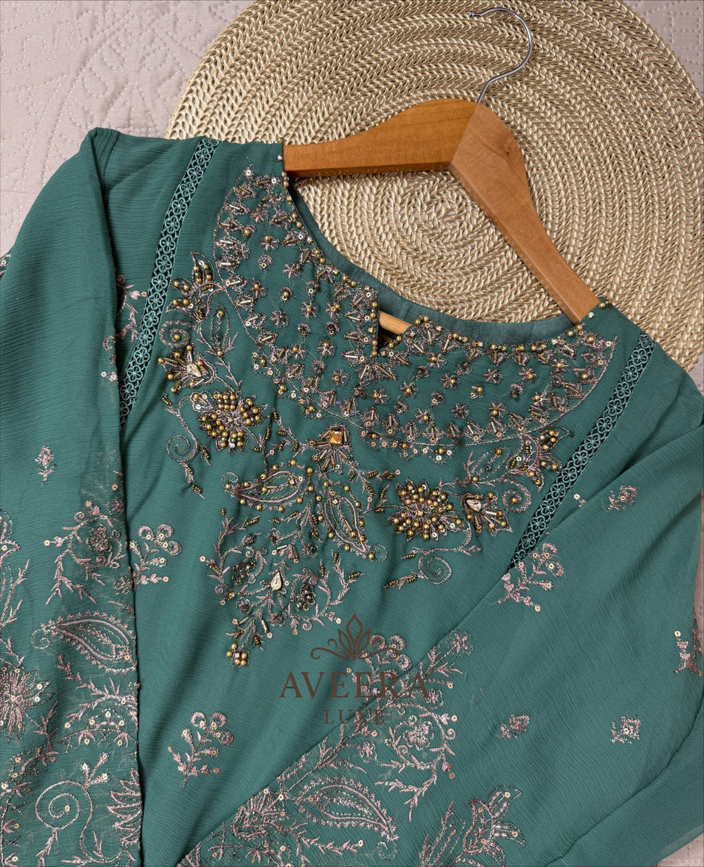 Gold Embroidered Green Chiffon Pakistani Party Wear 3-Piece Suit