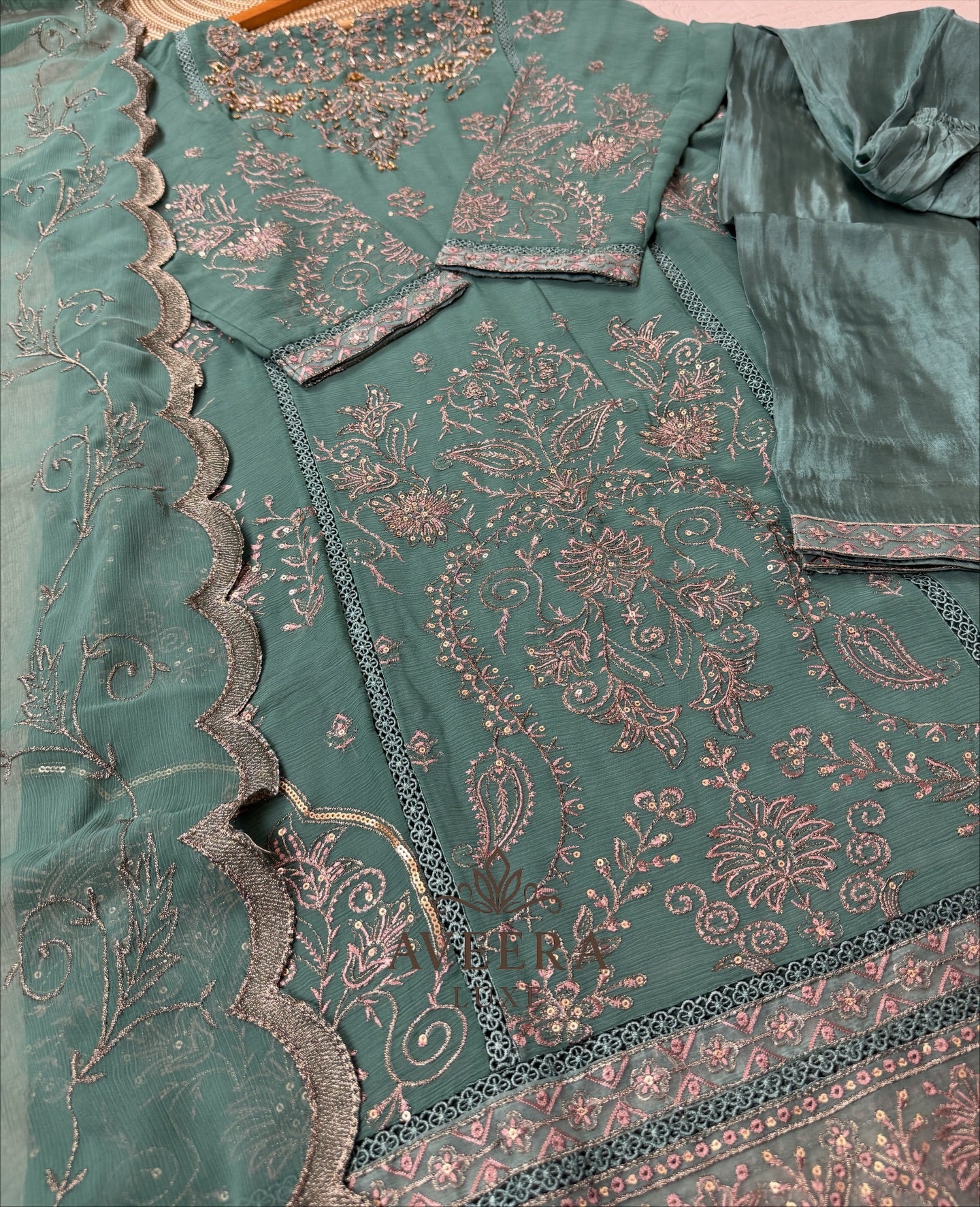 Gold Embroidered Green Chiffon Pakistani Party Wear 3-Piece Suit