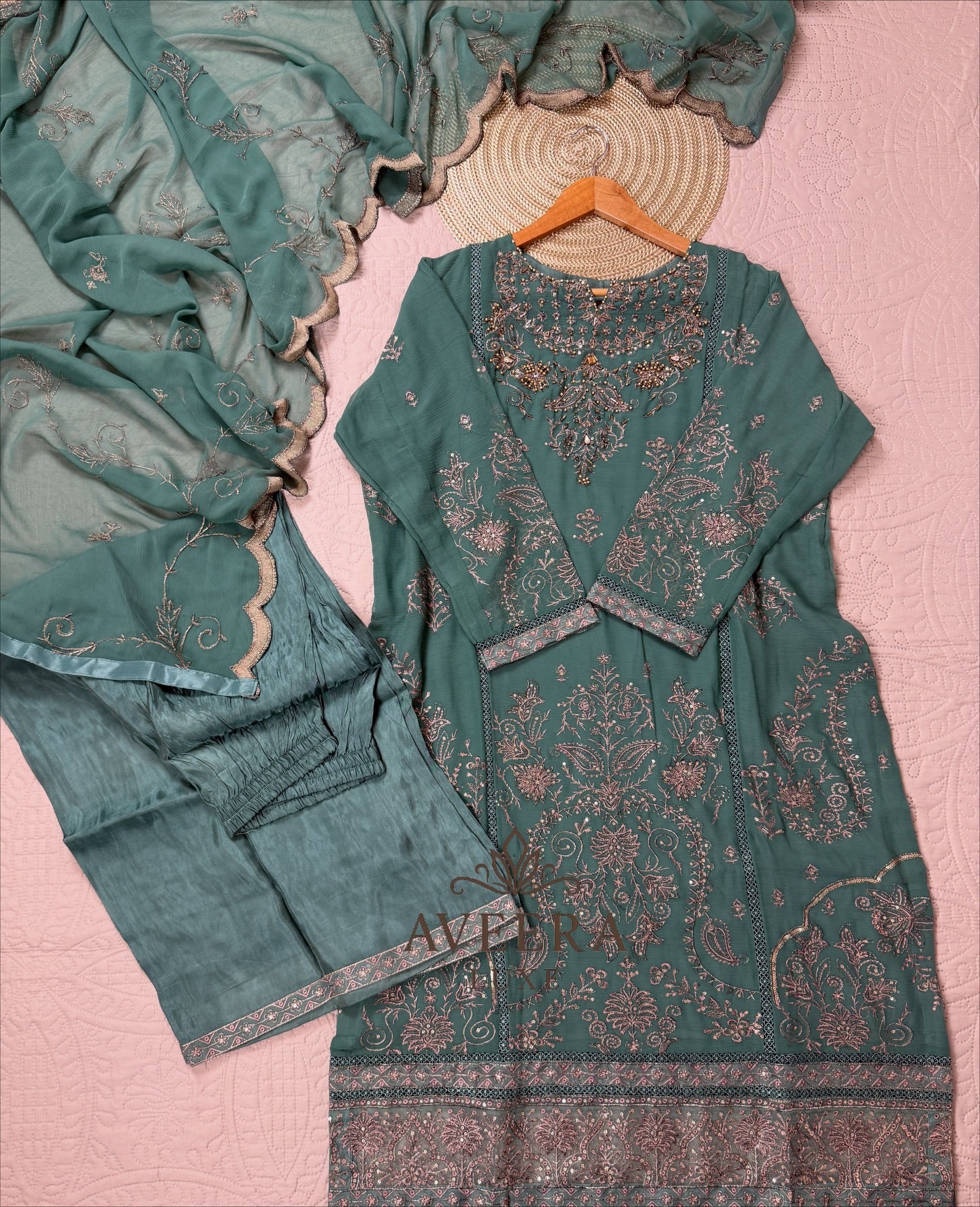 Gold Embroidered Green Chiffon Pakistani Party Wear 3-Piece Suit
