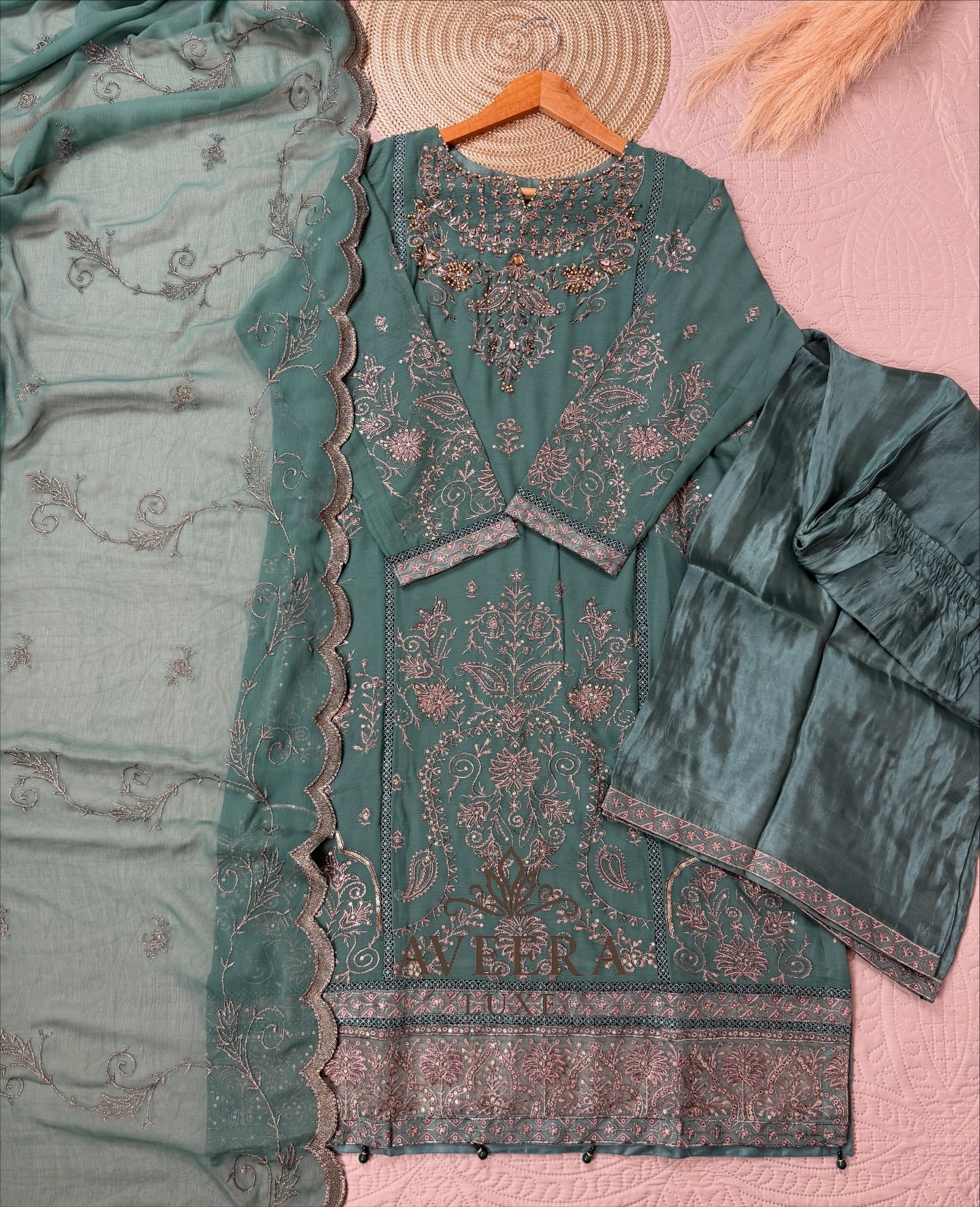 Gold Embroidered Green Chiffon Pakistani Party Wear 3-Piece Suit