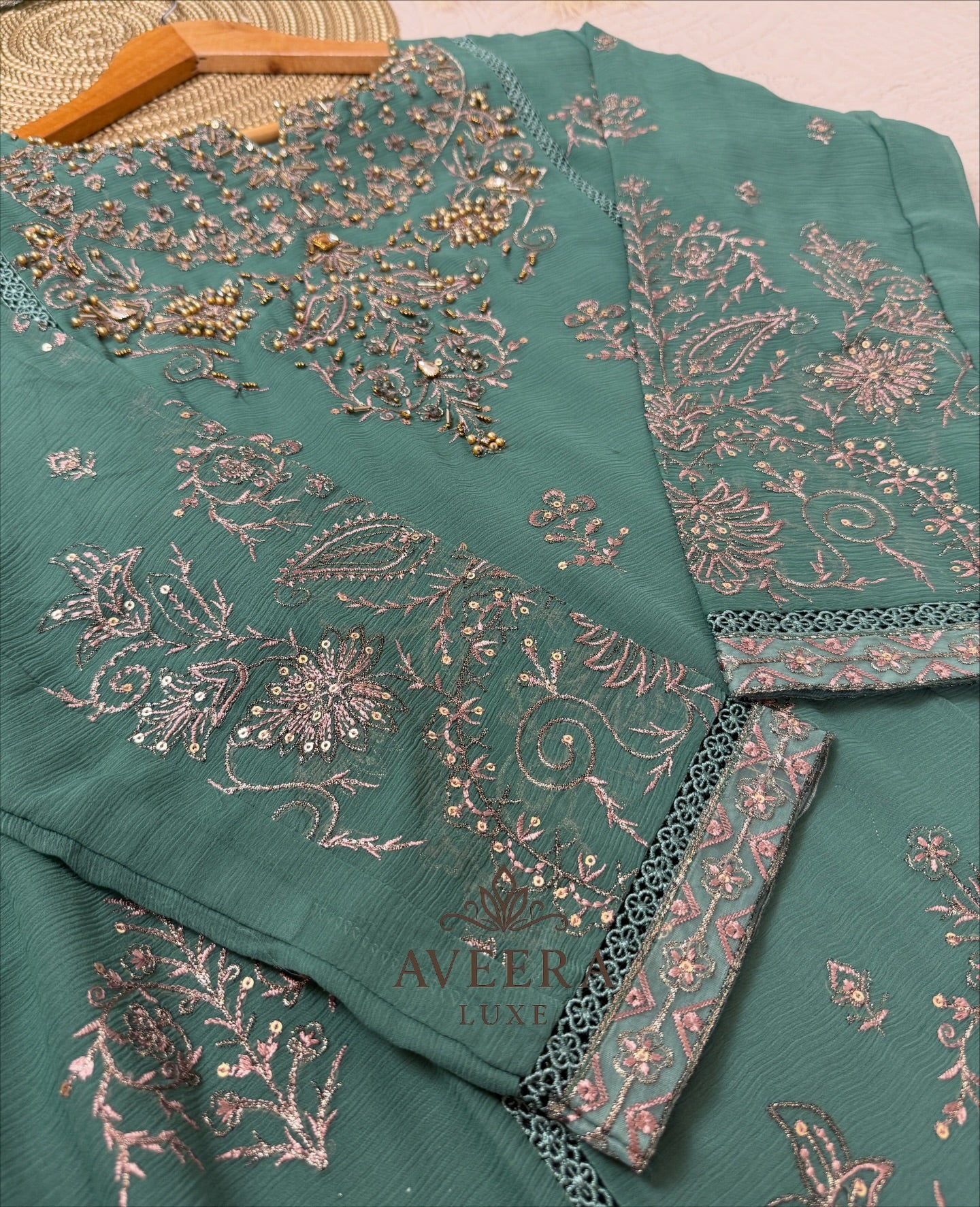Gold Embroidered Green Chiffon Pakistani Party Wear 3-Piece Suit