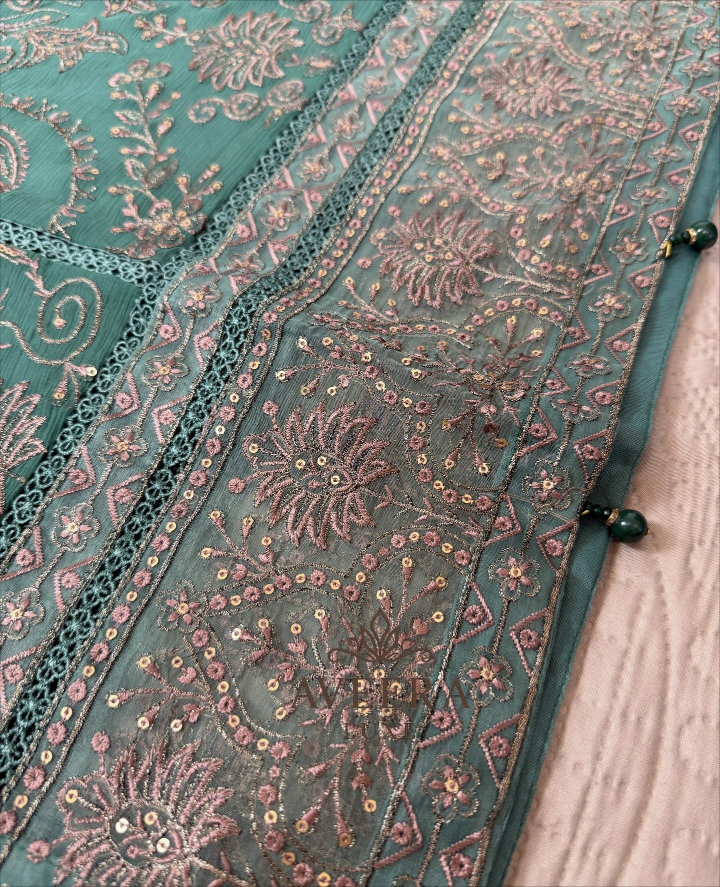 Gold Embroidered Green Chiffon Pakistani Party Wear 3-Piece Suit