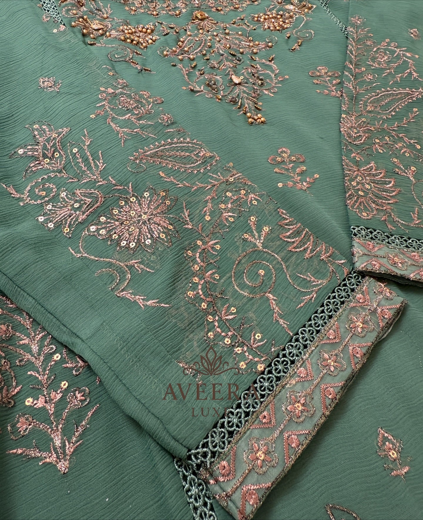 Gold Embroidered Green Chiffon Pakistani Party Wear 3-Piece Suit