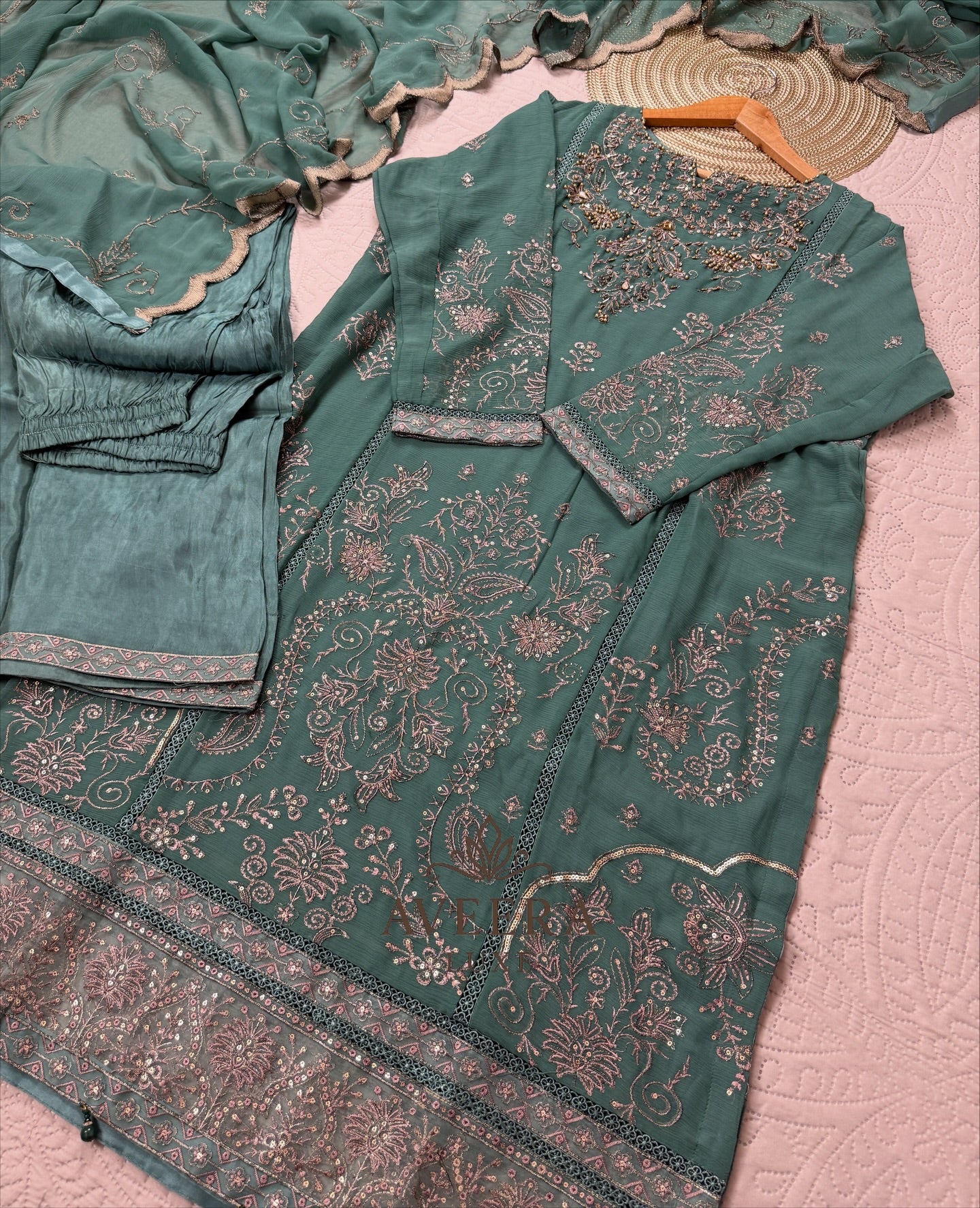 Gold Embroidered Green Chiffon Pakistani Party Wear 3-Piece Suit