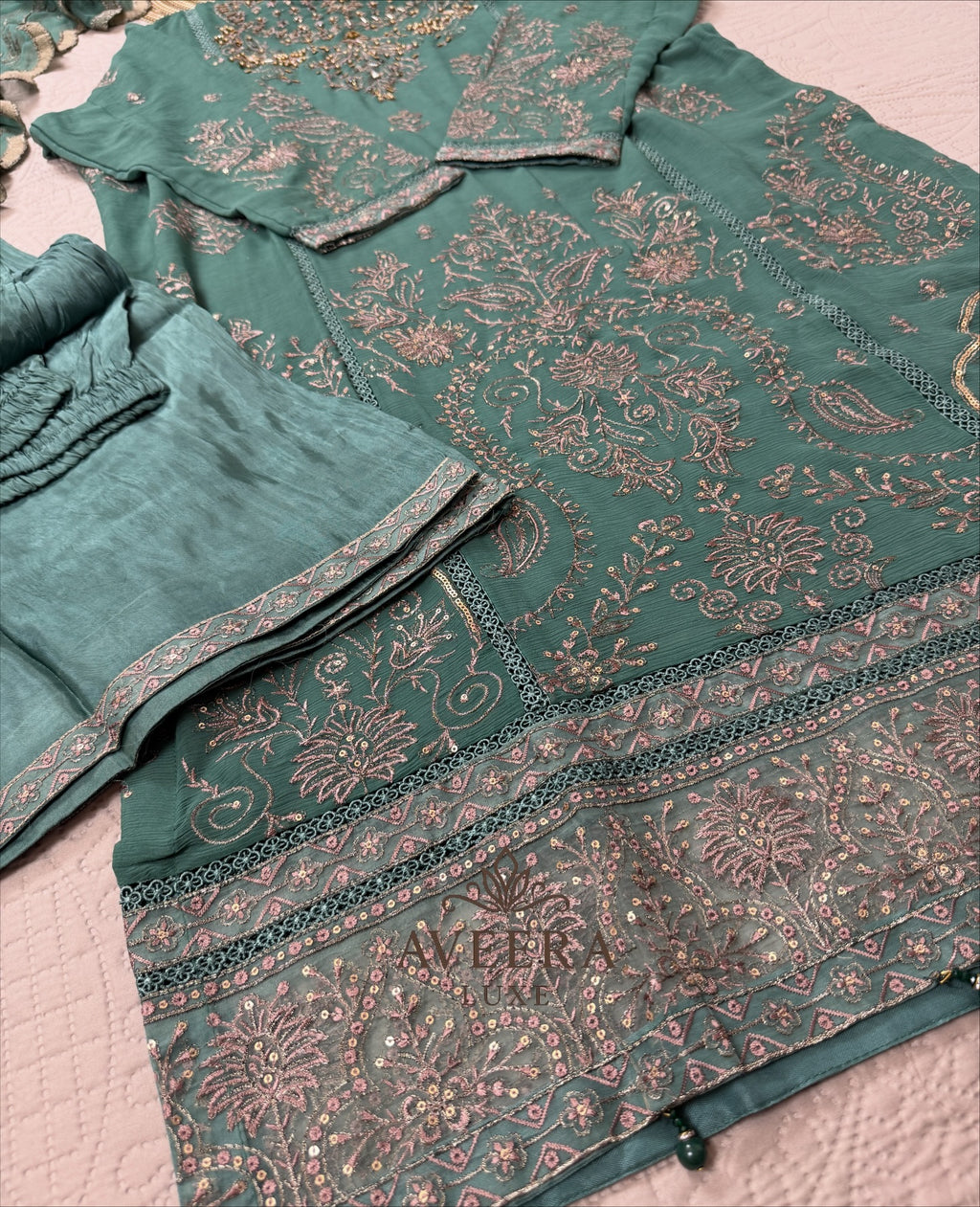 Gold Embroidered Green Chiffon Pakistani Party Wear 3-Piece Suit