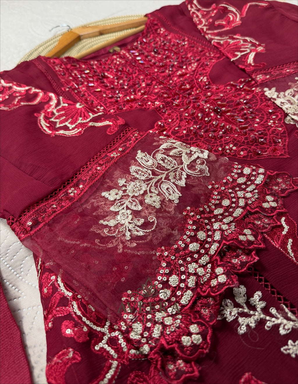 MariaB Inspired Heavy Embroidered Chiffon 3-Piece Suit – Red