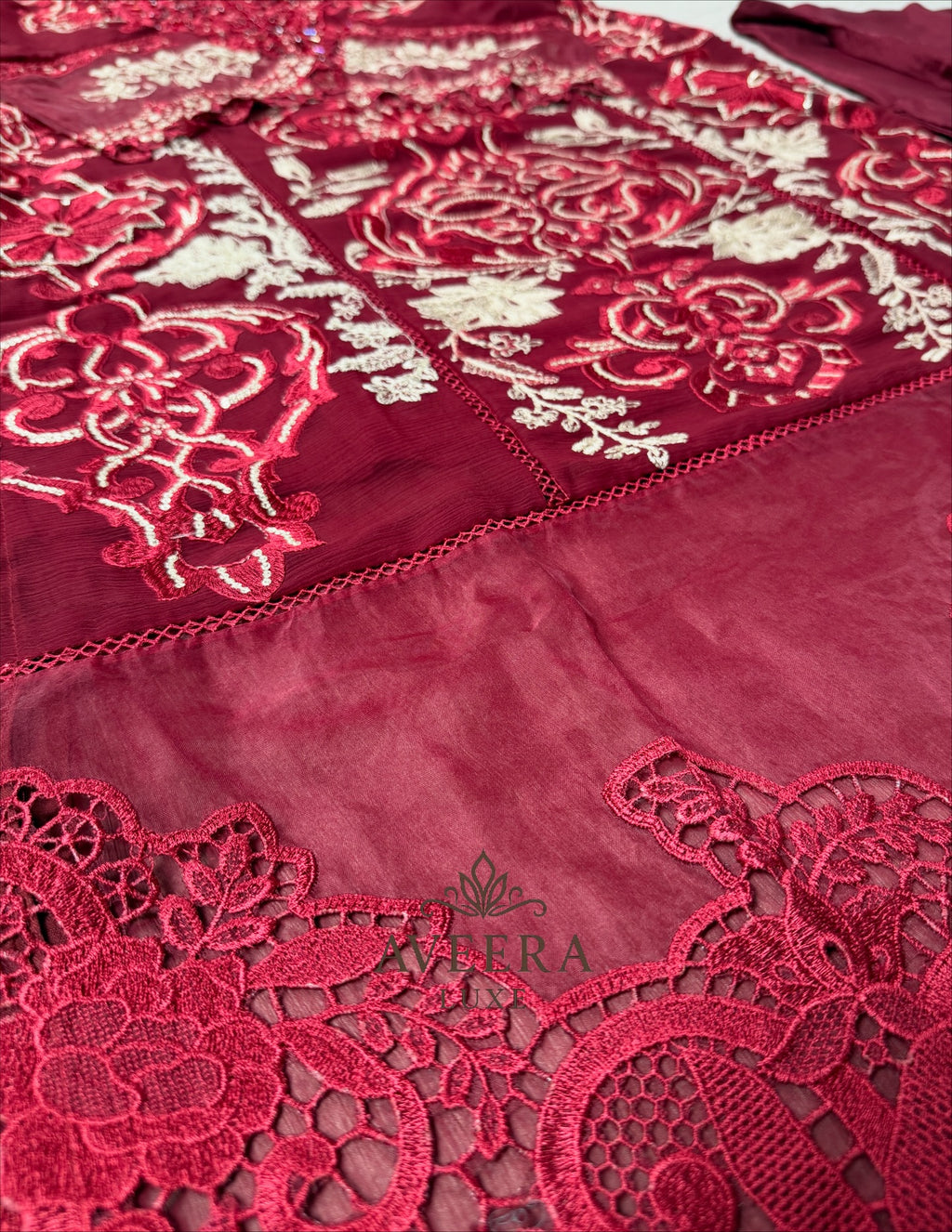 MariaB Inspired Heavy Embroidered Chiffon 3-Piece Suit – Red