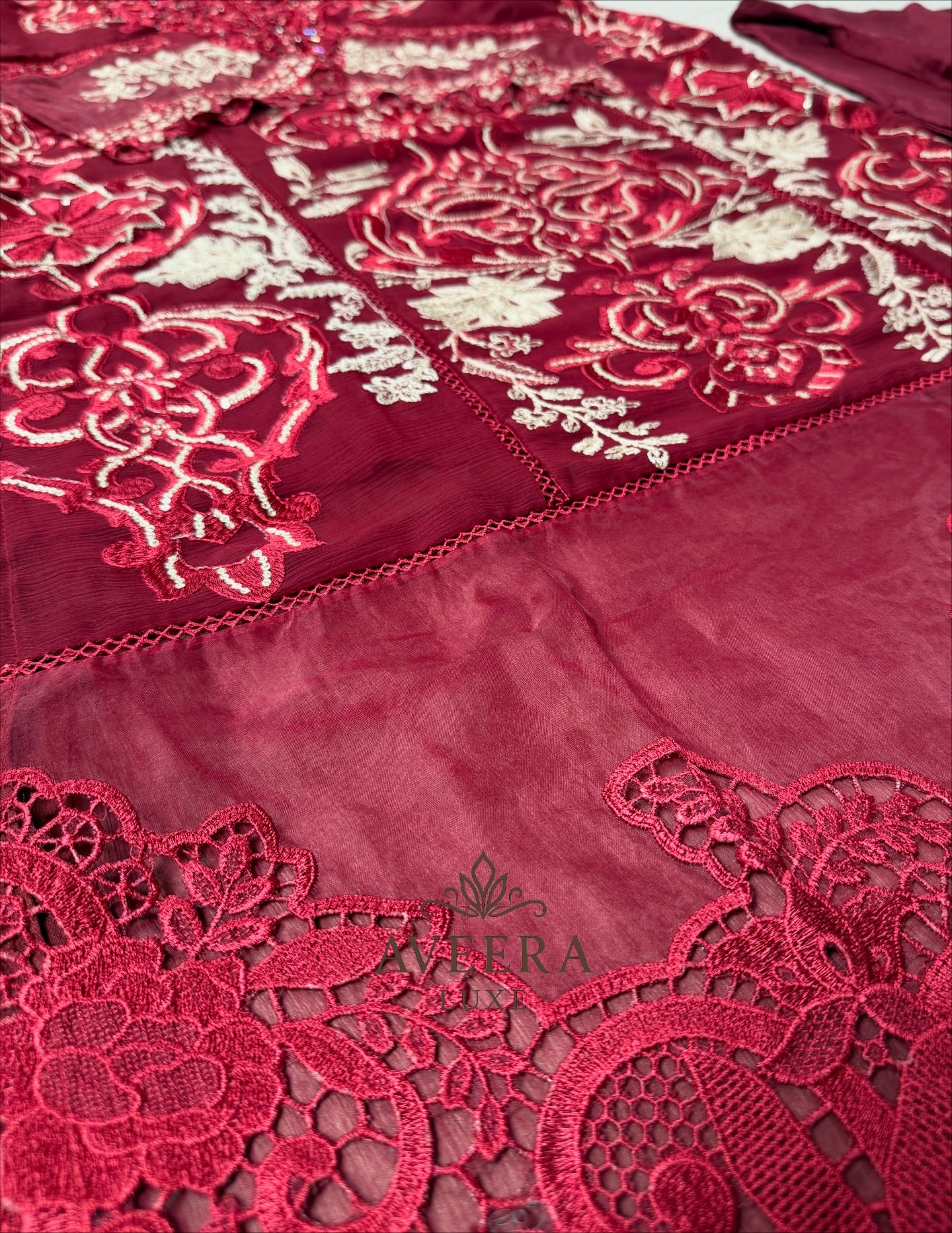 MariaB Inspired Heavy Embroidered Chiffon 3-Piece Suit – Red