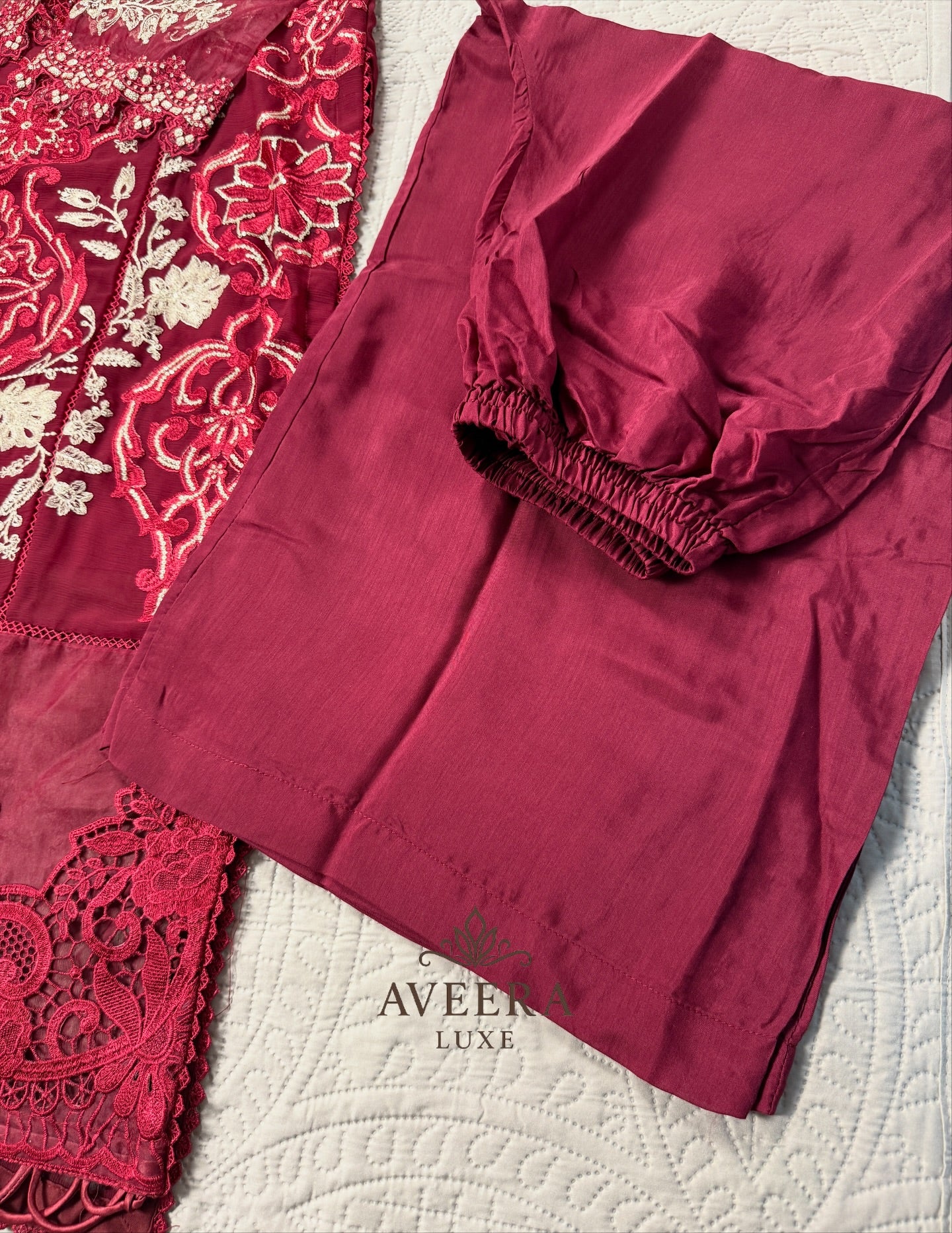 MariaB Inspired Heavy Embroidered Chiffon 3-Piece Suit – Red