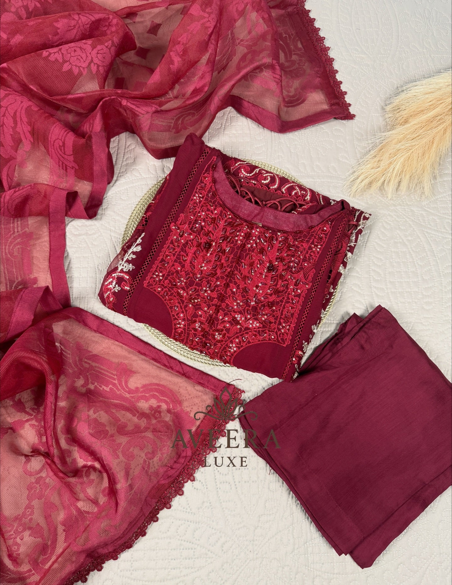 MariaB Inspired Heavy Embroidered Chiffon 3-Piece Suit – Red