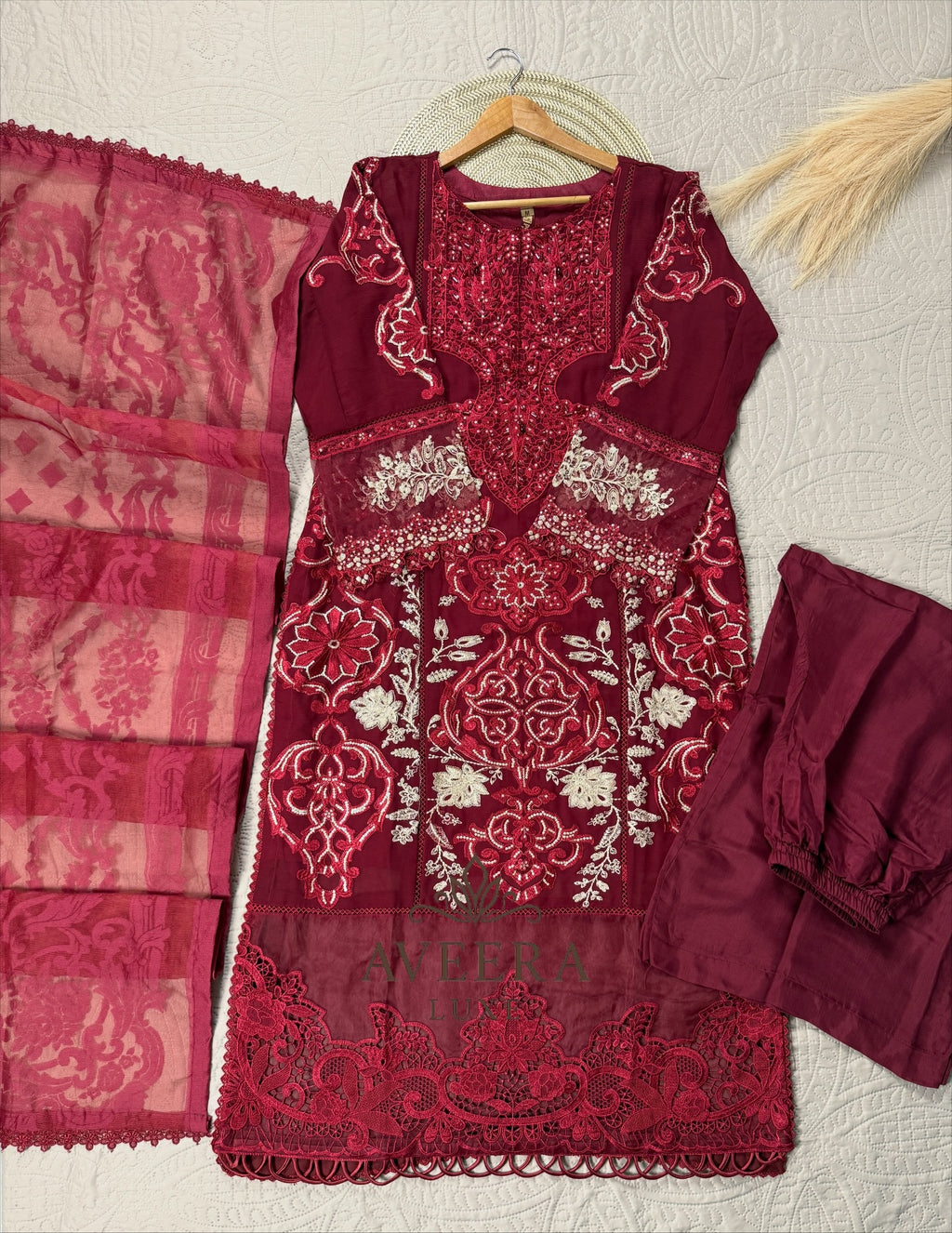 MariaB Inspired Heavy Embroidered Chiffon 3-Piece Suit – Red