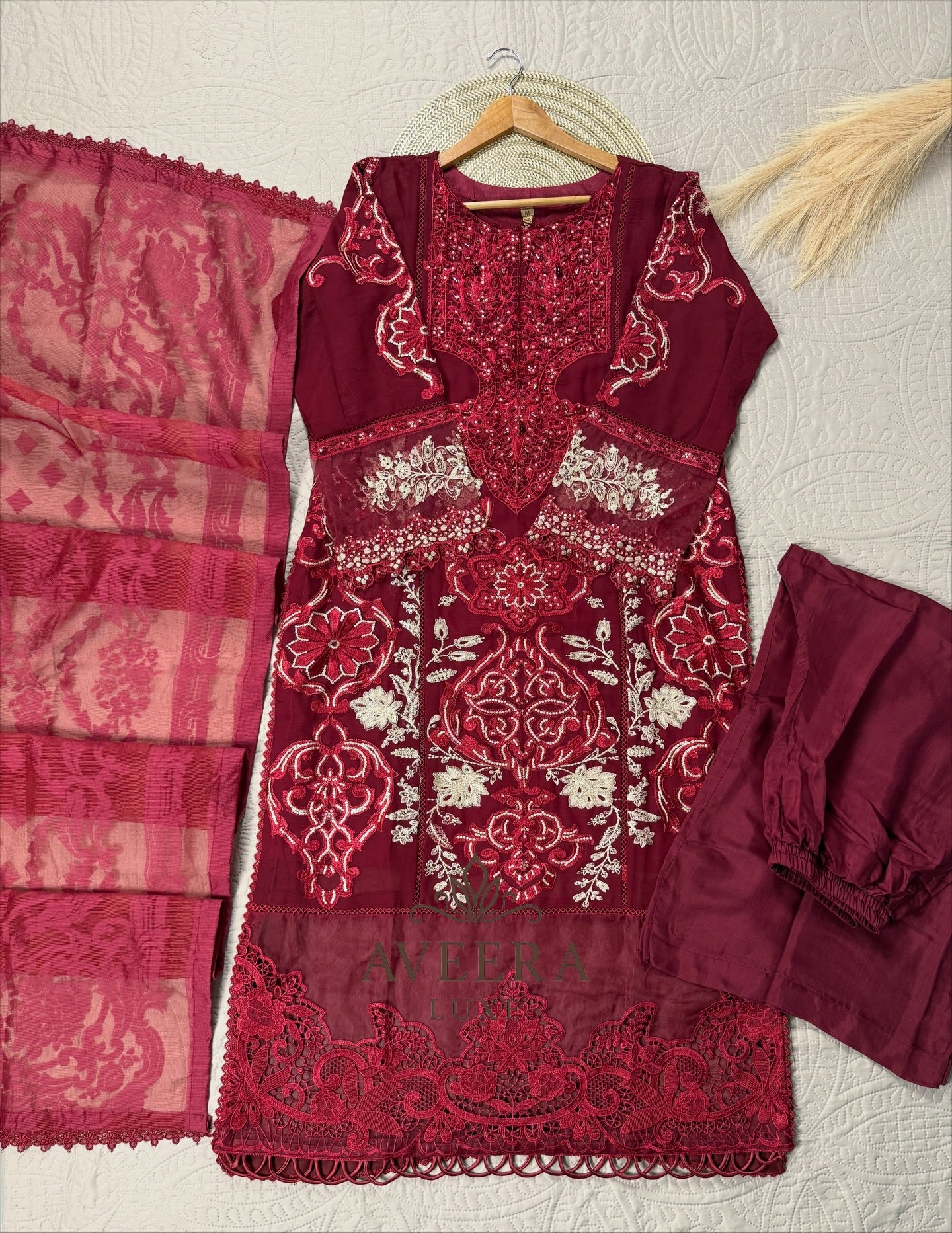 MariaB Inspired Heavy Embroidered Chiffon 3-Piece Suit – Red