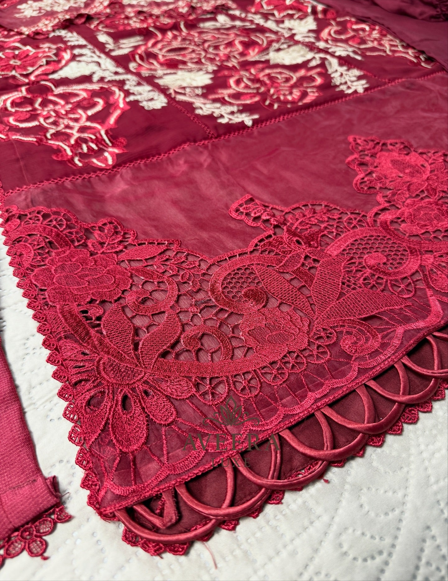 MariaB Inspired Heavy Embroidered Chiffon 3-Piece Suit – Red