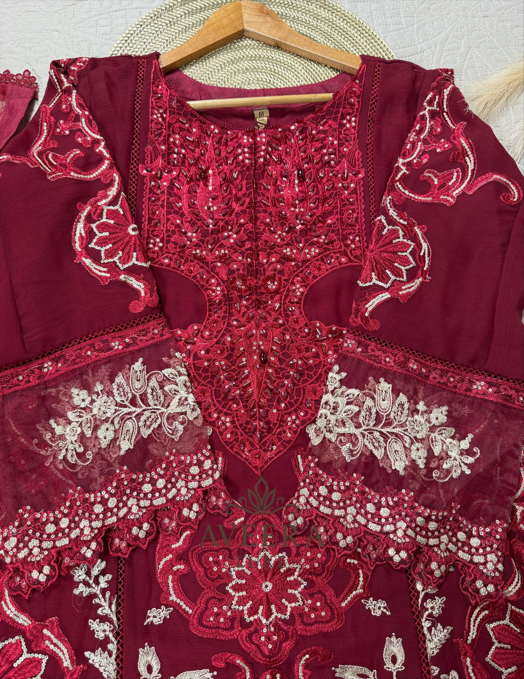 MariaB Inspired Heavy Embroidered Chiffon 3-Piece Suit – Red