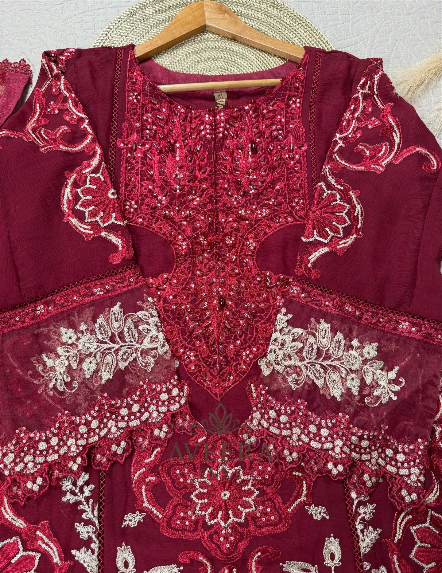 MariaB Inspired Heavy Embroidered Chiffon 3-Piece Suit – Red