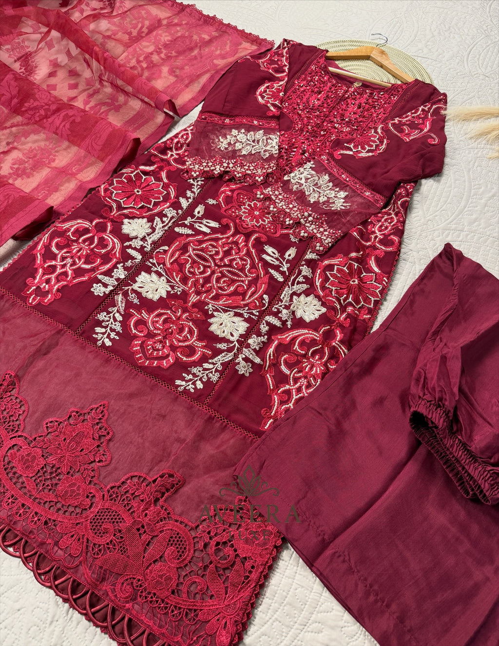 MariaB Inspired Heavy Embroidered Chiffon 3-Piece Suit – Red