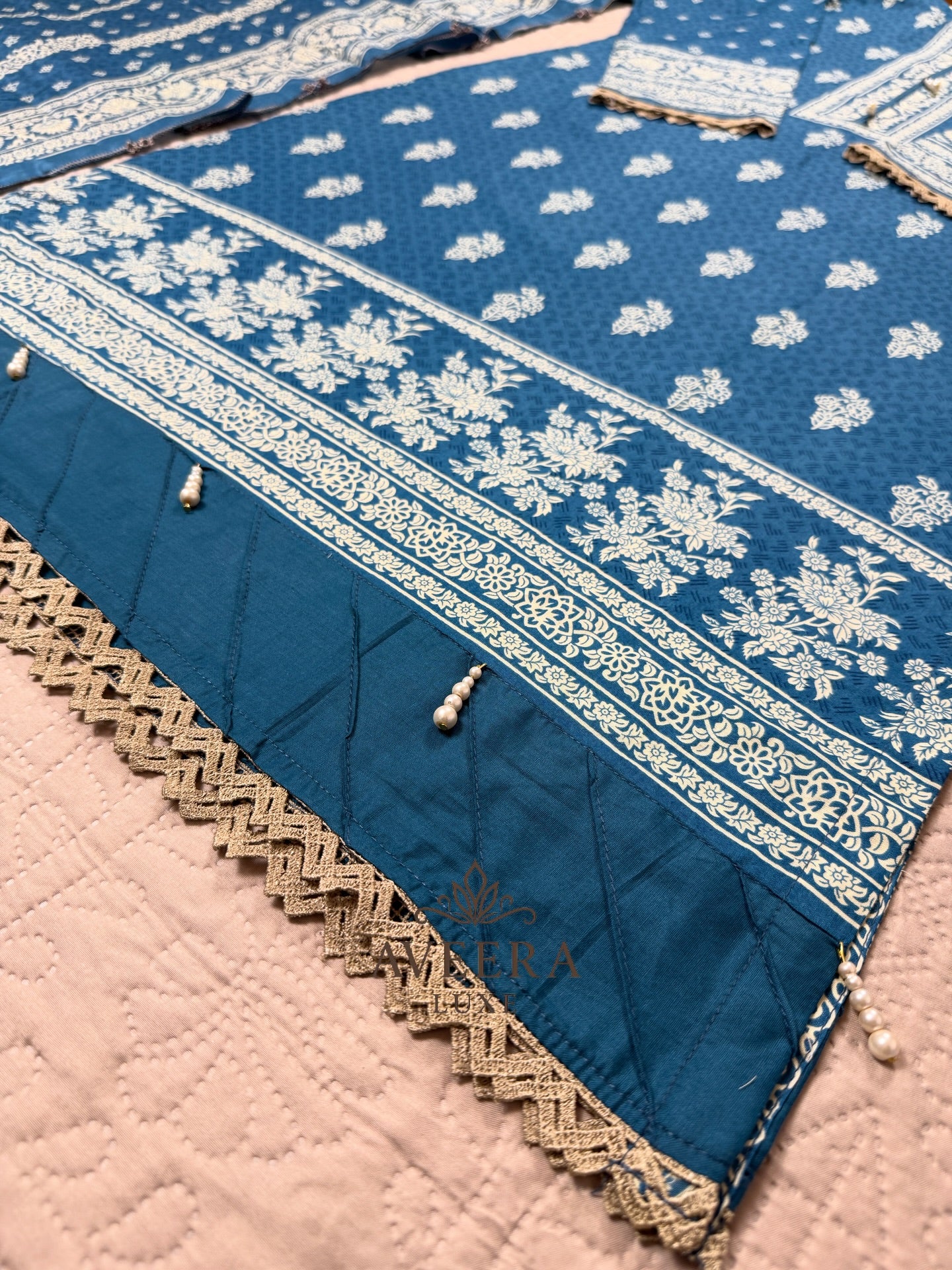 Pakistani Printed Premium Lawn 3-Piece Suit – Blue