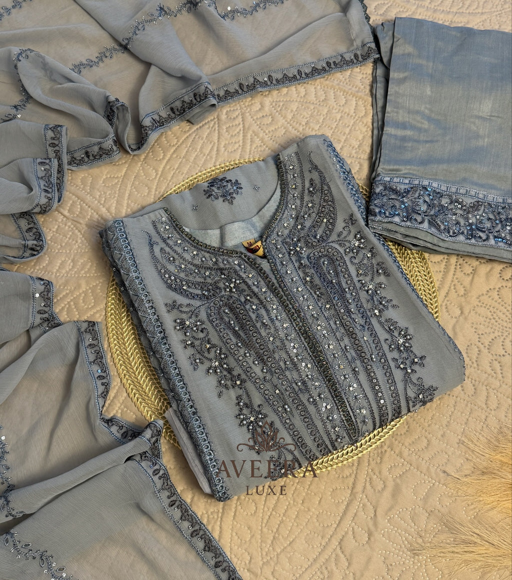 Premium Chiffon & Silk 3-Piece Designer Suit – Grey